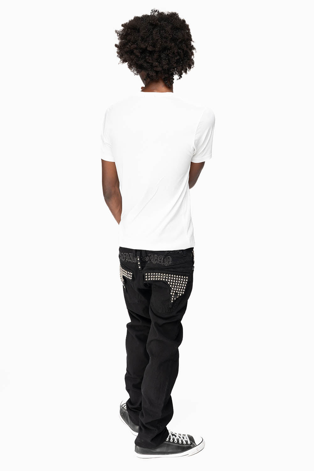 KILLER FLAP MENS SKINNY JEANS IN BLACK WITH EMBROIDERY, STUDS AND CRYSTALS