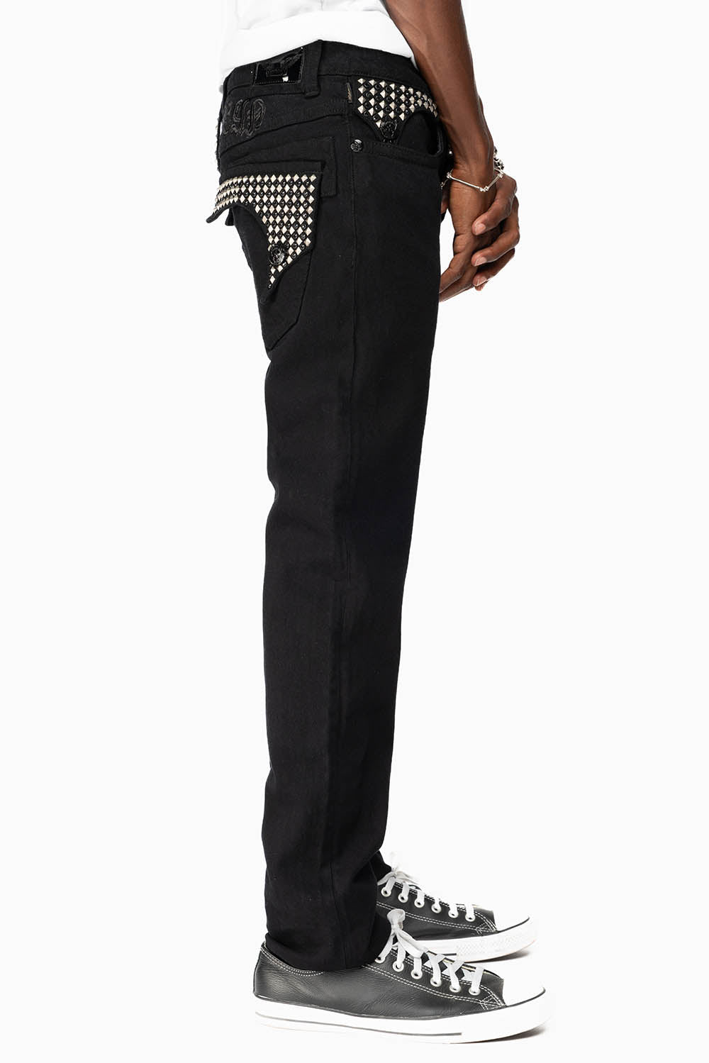 KILLER FLAP MENS SKINNY JEANS IN BLACK WITH EMBROIDERY, STUDS AND CRYSTALS