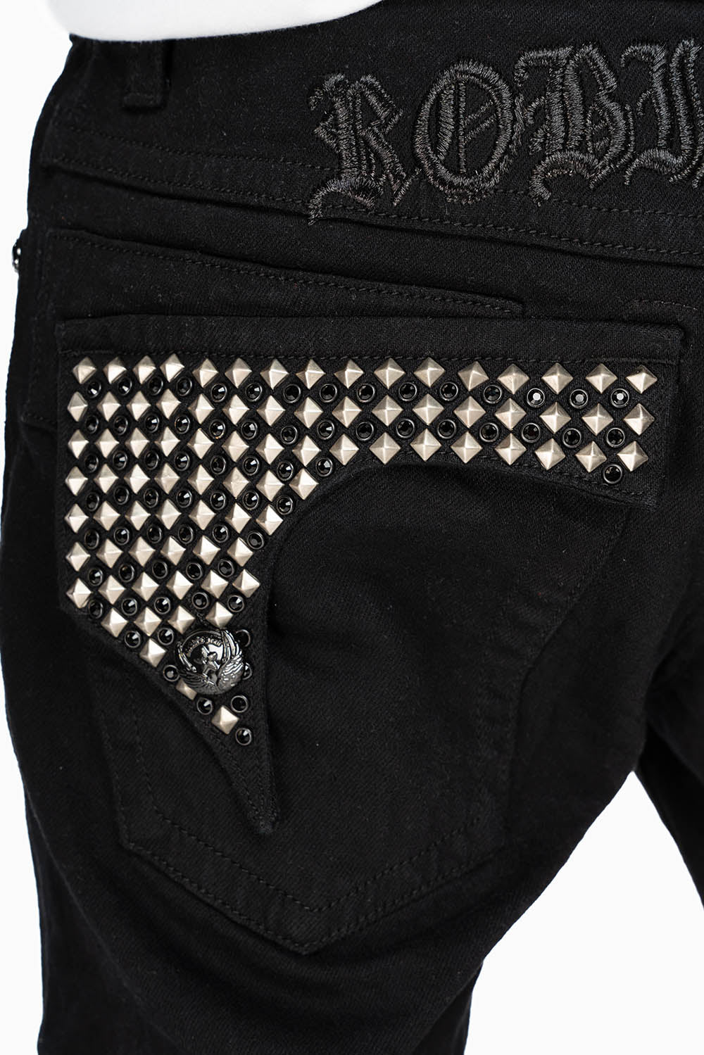 KILLER FLAP MENS SKINNY JEANS IN BLACK WITH EMBROIDERY, STUDS AND CRYSTALS