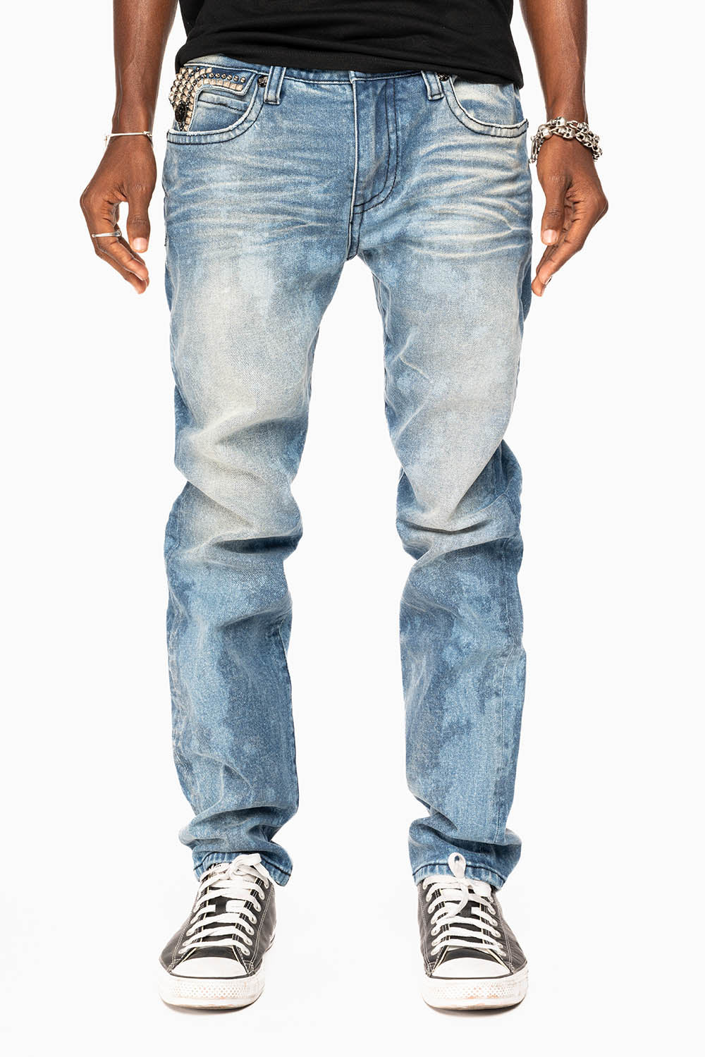 LONG FLAP SKINNY JEANS IN CRYSTAL BLUE WASH WITH STUDS AND CRYSTALS