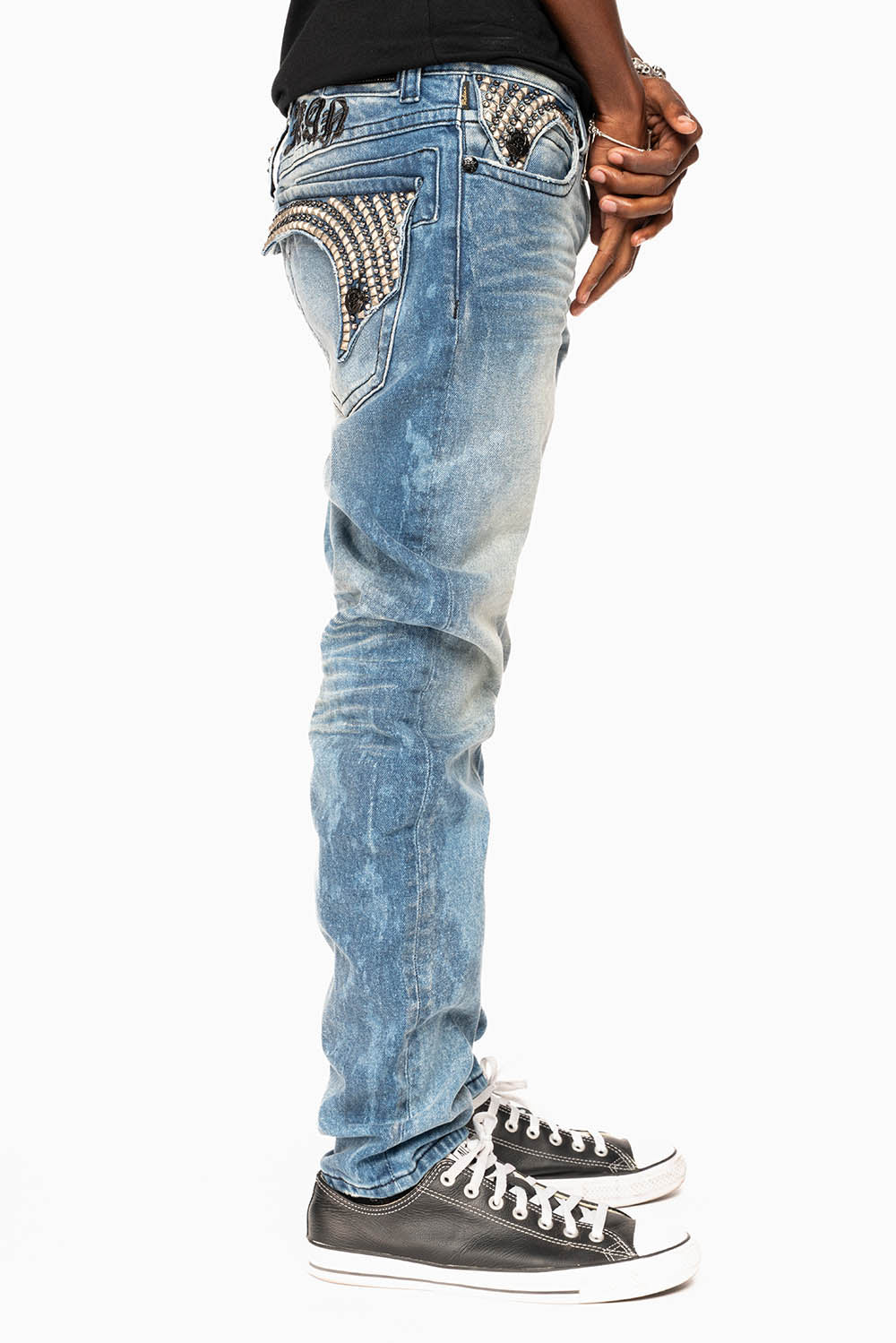 LONG FLAP SKINNY JEANS IN CRYSTAL BLUE WASH WITH STUDS AND CRYSTALS