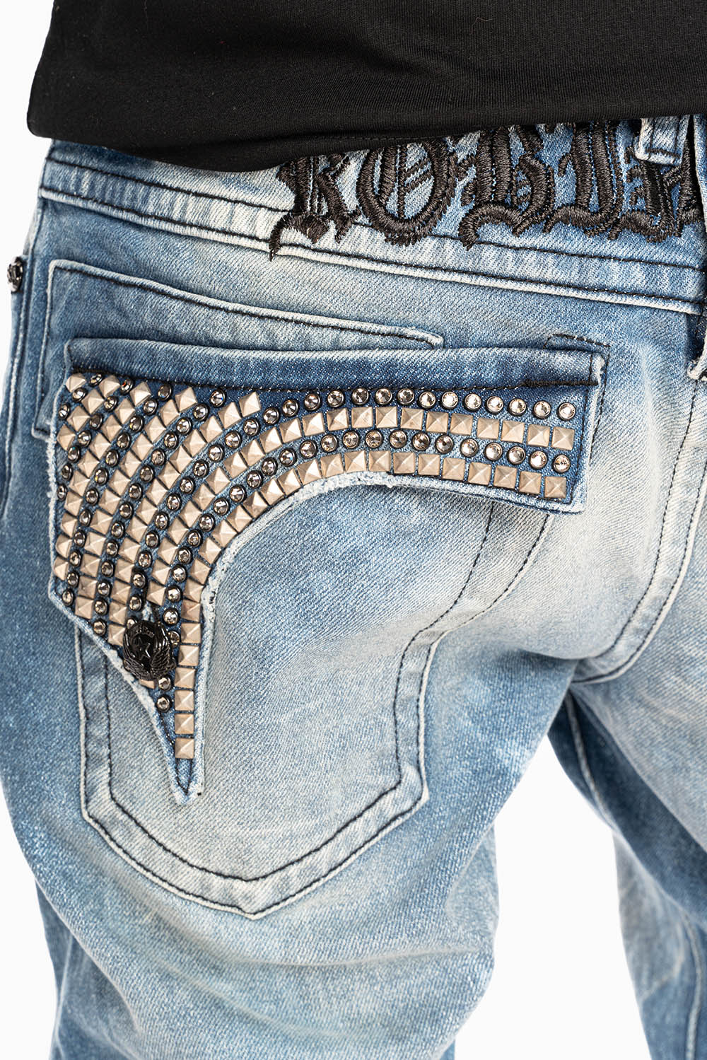LONG FLAP SKINNY JEANS IN CRYSTAL BLUE WASH WITH STUDS AND CRYSTALS