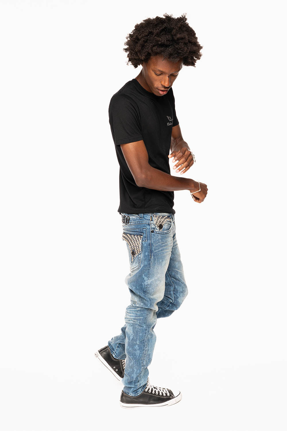 LONG FLAP SKINNY JEANS IN CRYSTAL BLUE WASH WITH STUDS AND CRYSTALS