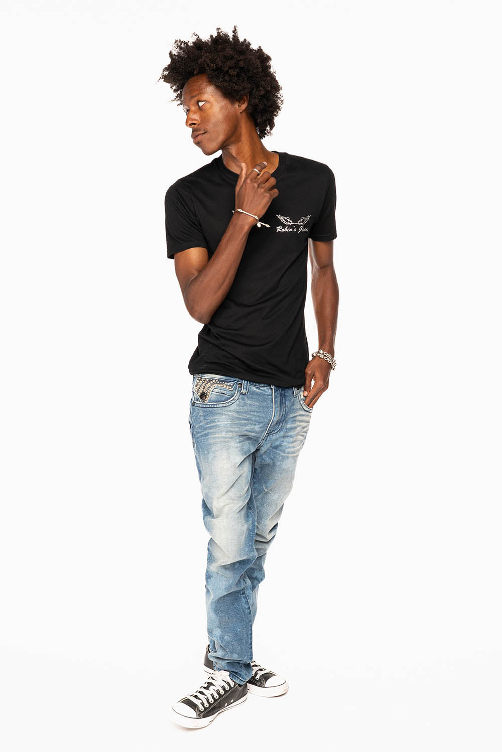 LONG FLAP SKINNY JEANS IN CRYSTAL BLUE WASH WITH STUDS AND CRYSTALS