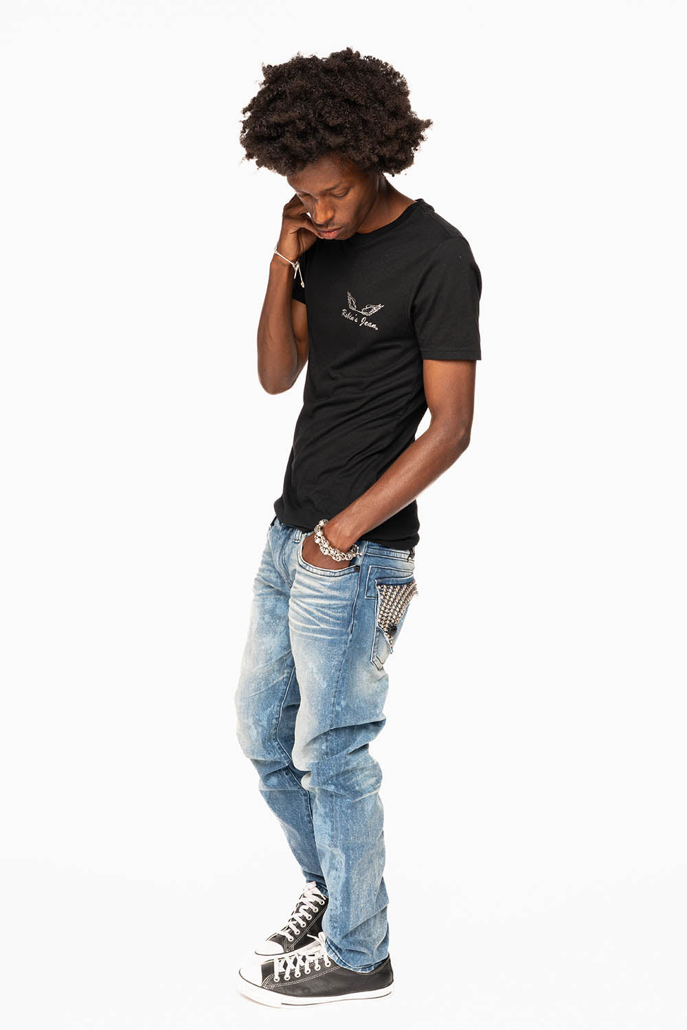 LONG FLAP SKINNY JEANS IN CRYSTAL BLUE WASH WITH STUDS AND CRYSTALS