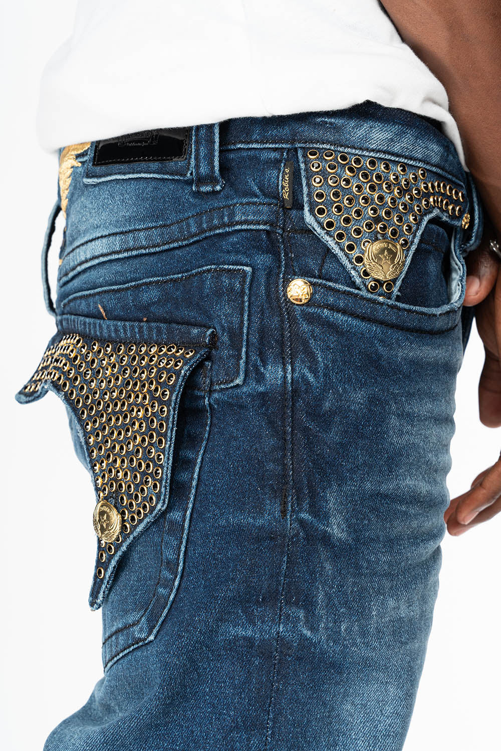 KILLER FLAP MENS SKINNY JEAN IN OMAHA DARK WASH FULLY EMBELLISHED WITH JET BLK CRYSTALS