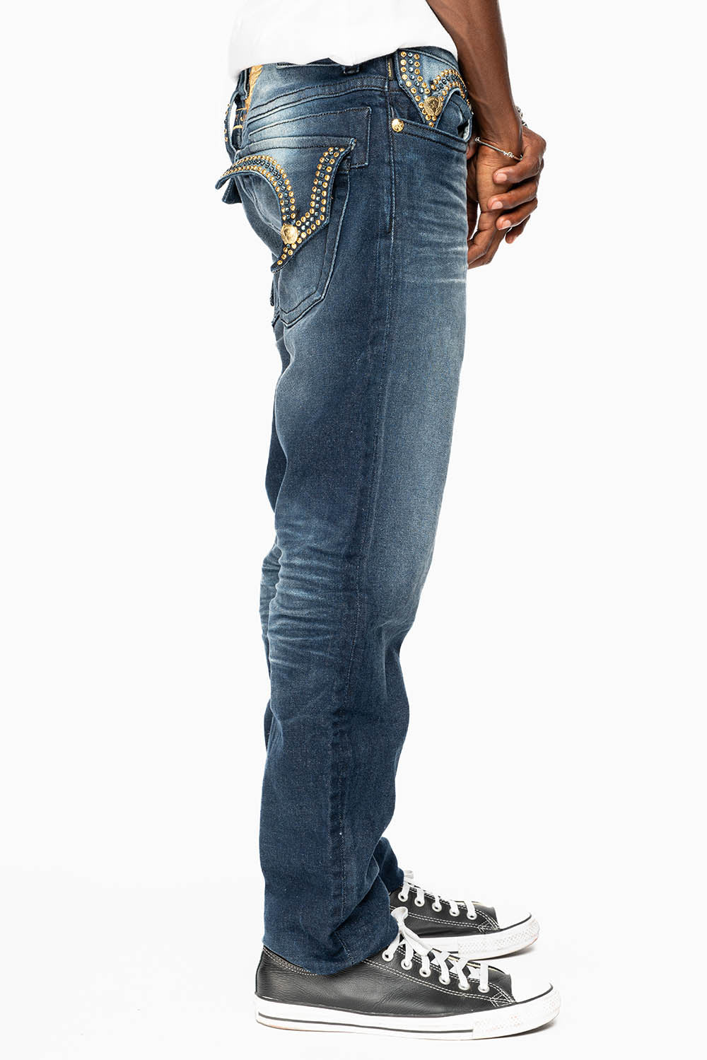 KILLER FLAP MENS SKINNY JEAN IN OMAHA DARK WASH EMBELLISHED WITH AURUM & AQUA MARINE CRYSTALS