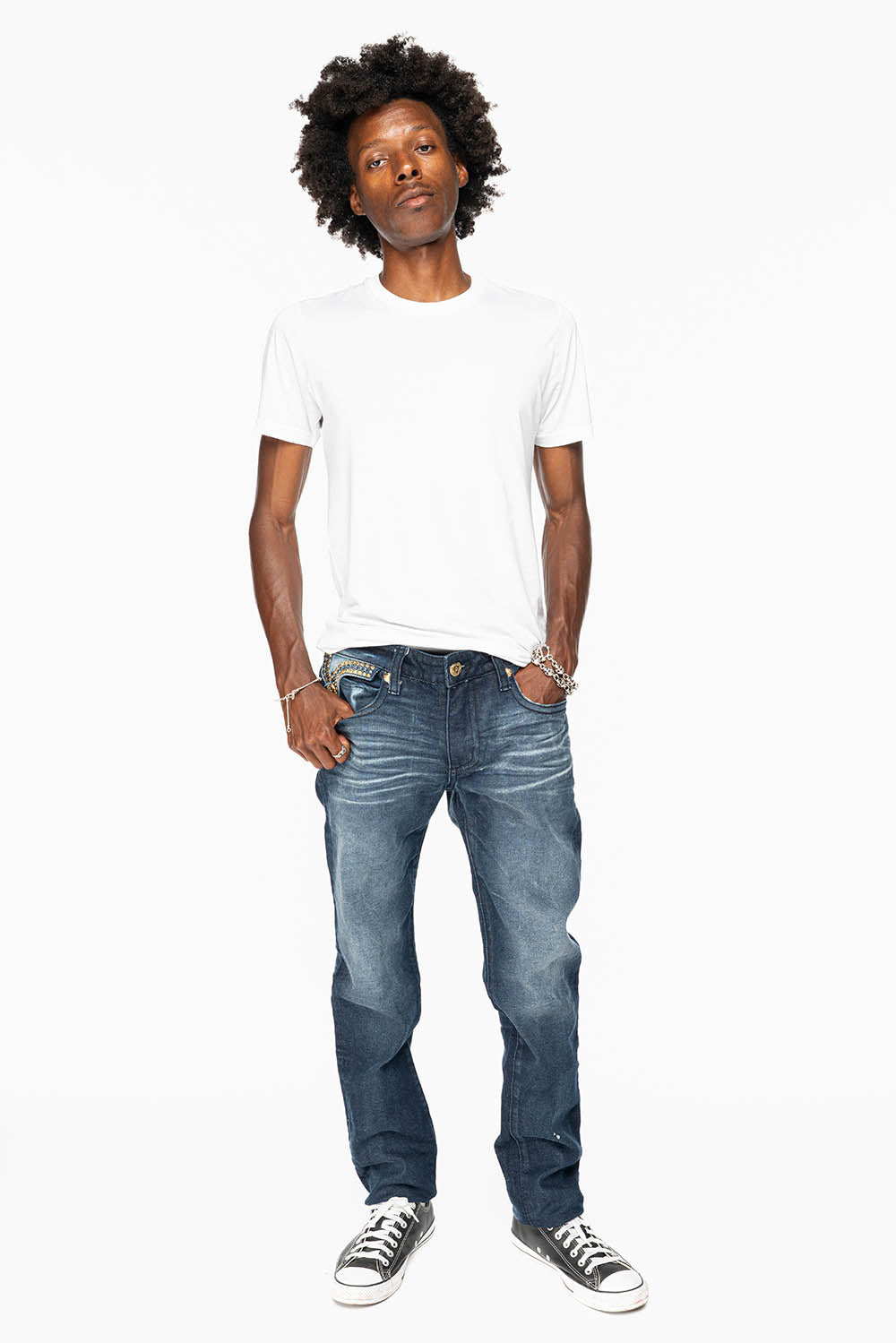 KILLER FLAP MENS SKINNY JEAN IN OMAHA DARK WASH EMBELLISHED WITH AURUM & AQUA MARINE CRYSTALS
