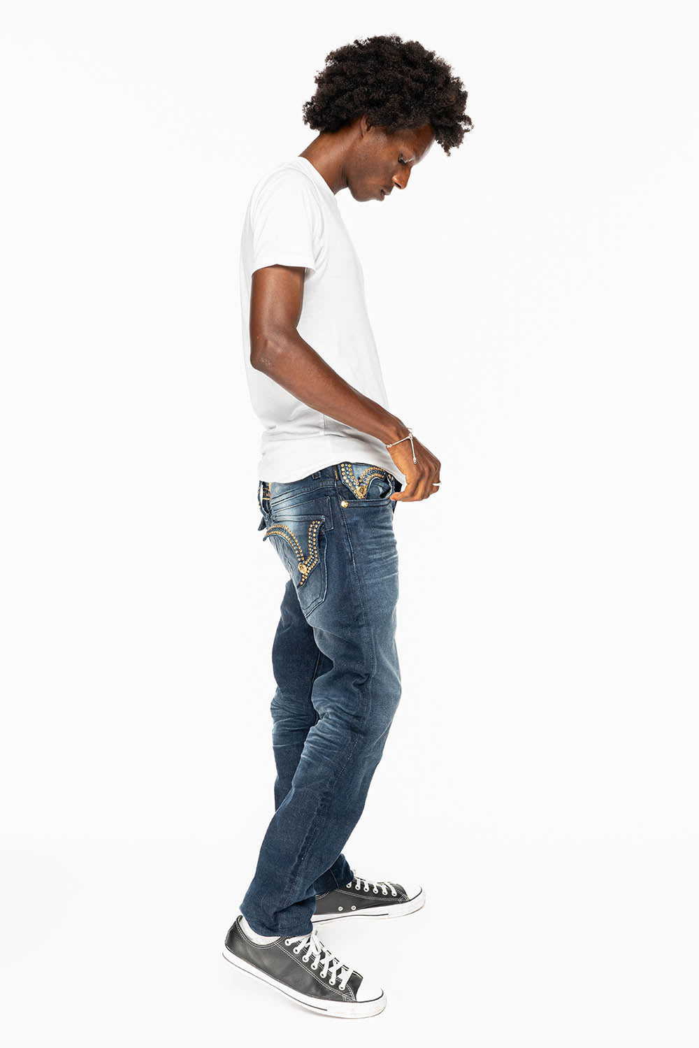 KILLER FLAP MENS SKINNY JEAN IN OMAHA DARK WASH EMBELLISHED WITH AURUM & AQUA MARINE CRYSTALS