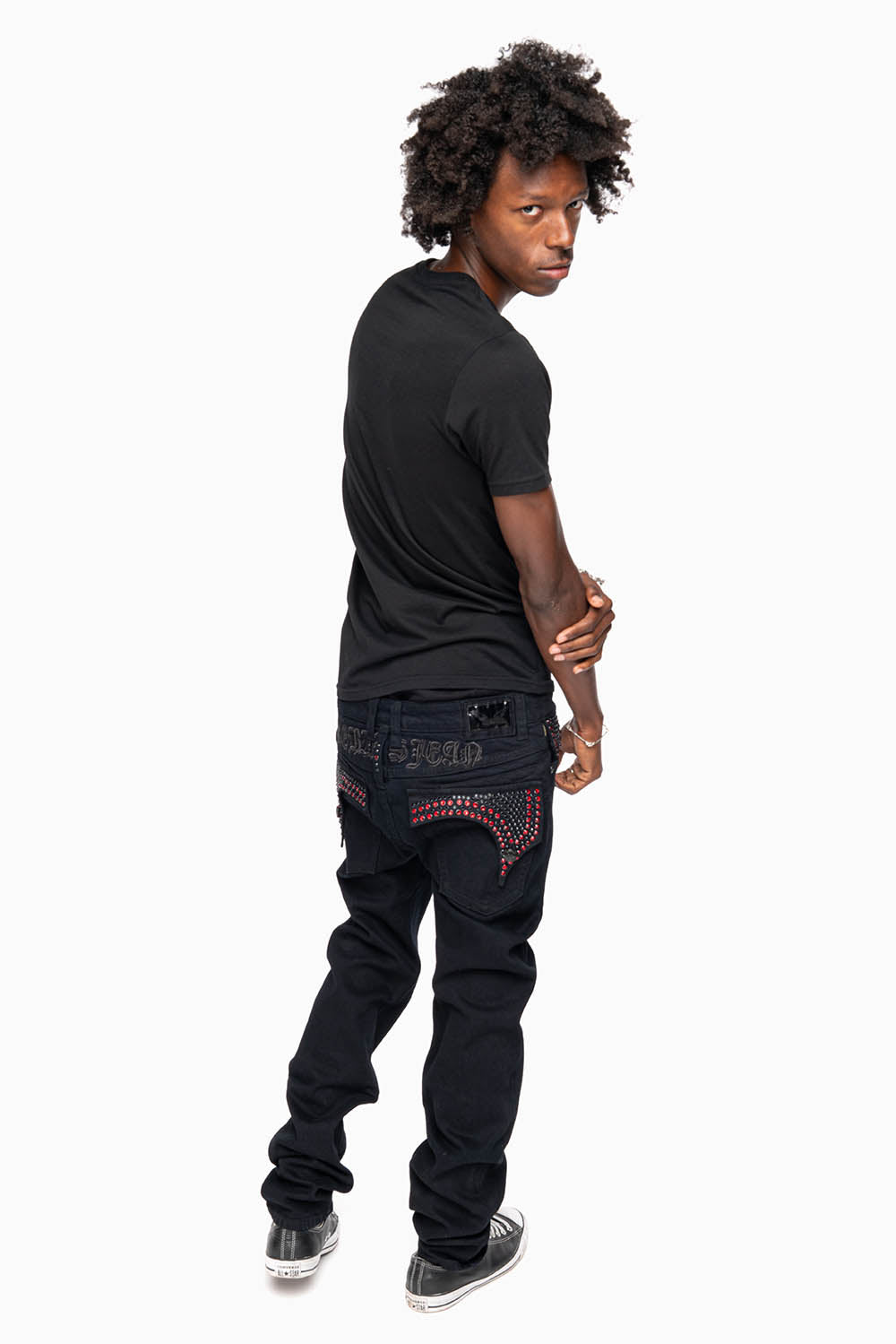 KILLER FLAP SKINNY JEANS FULLY EMBELISHED WITH CRYSTALS IN PURE BLACK WITH GOTHIC EMBROIDERY