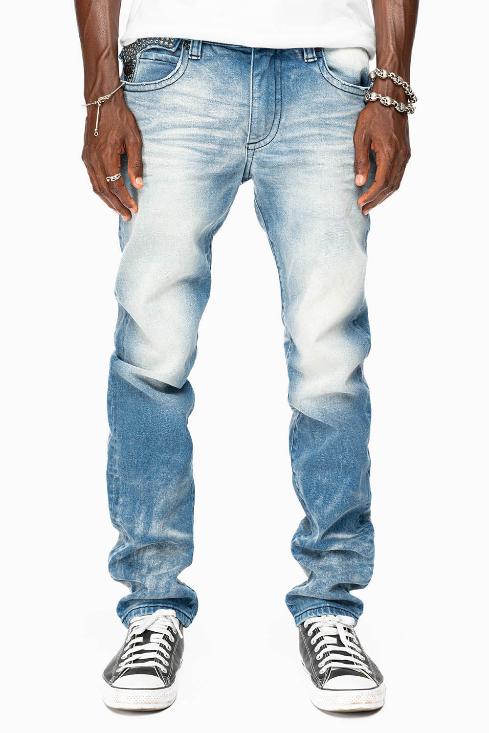 KILLER FLAP MENS SKINNY JEAN IN BLUE OMAHA MEDIUM WASH FULLY EMBELLISHED WITH BLACK DIAMOND CRYSTALS