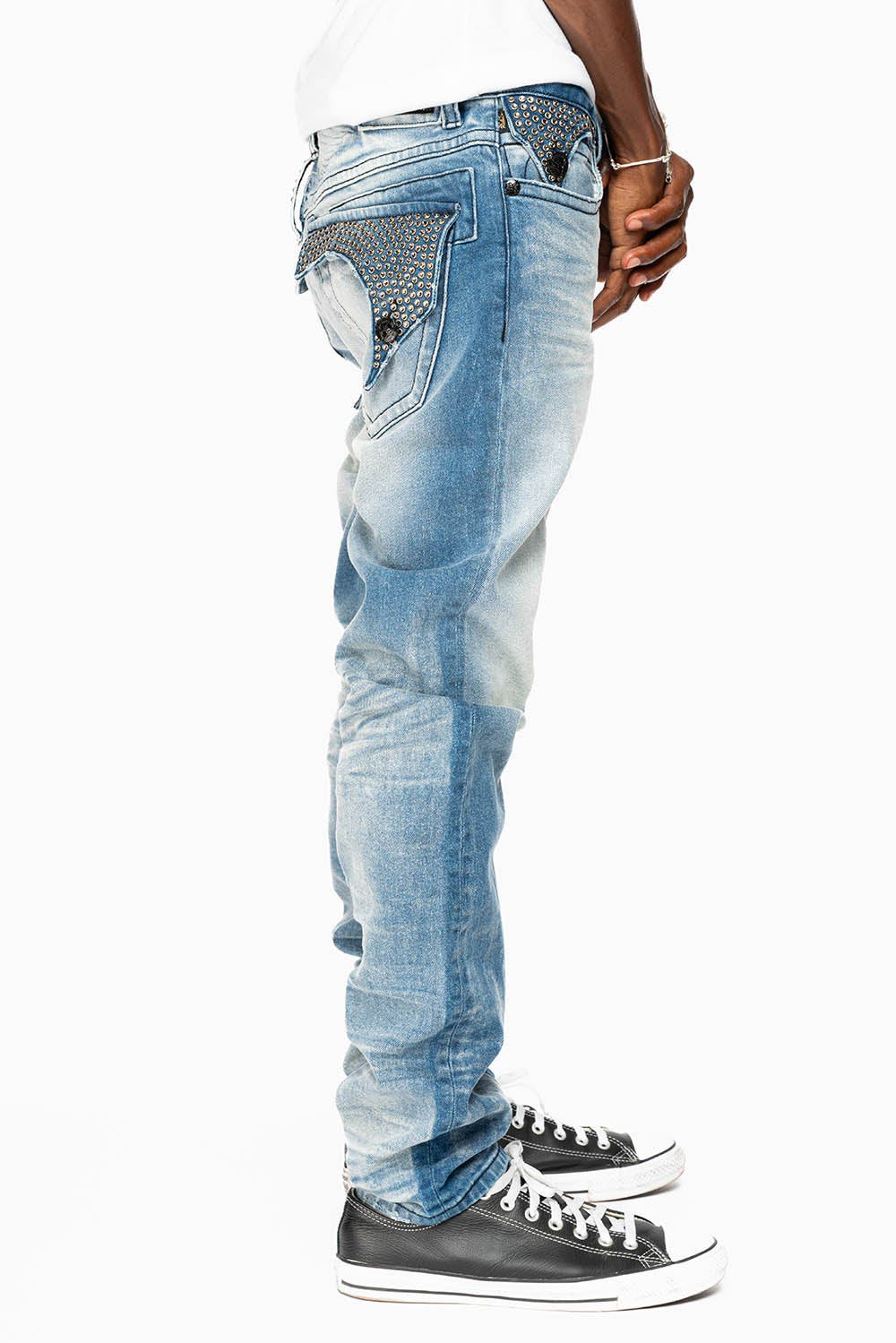 KILLER FLAP MENS SKINNY JEAN IN BLUE OMAHA MEDIUM WASH FULLY EMBELLISHED WITH BLACK DIAMOND CRYSTALS