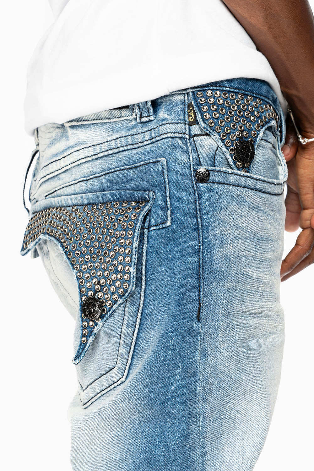 KILLER FLAP MENS SKINNY JEAN IN BLUE OMAHA MEDIUM WASH FULLY EMBELLISHED WITH BLACK DIAMOND CRYSTALS