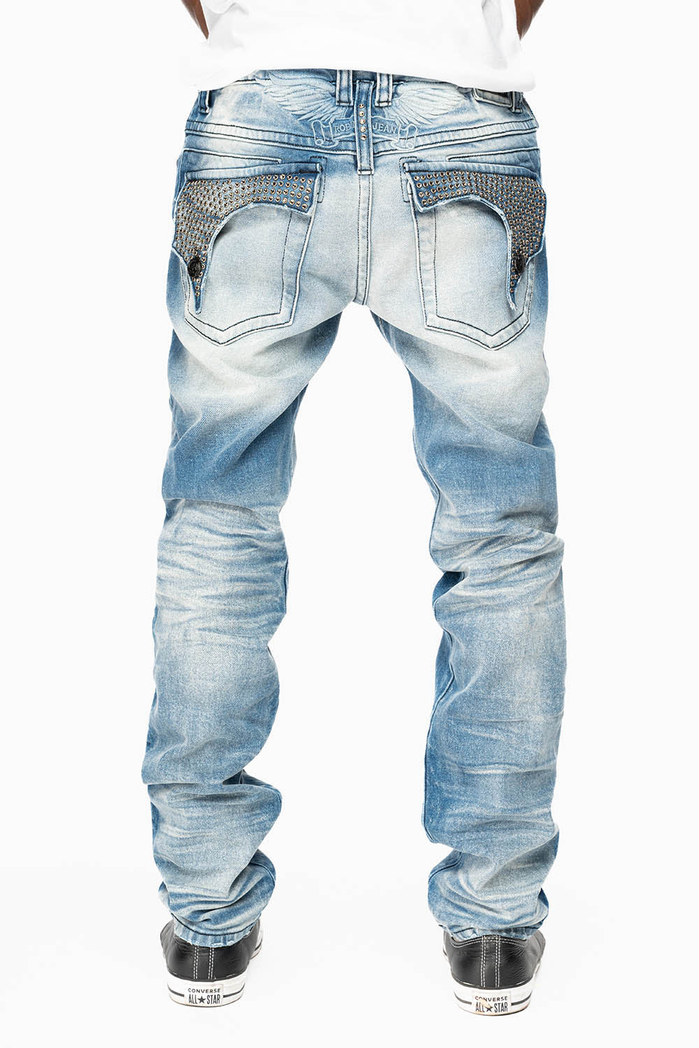KILLER FLAP MENS SKINNY JEAN IN BLUE OMAHA MEDIUM WASH FULLY EMBELLISHED WITH BLACK DIAMOND CRYSTALS