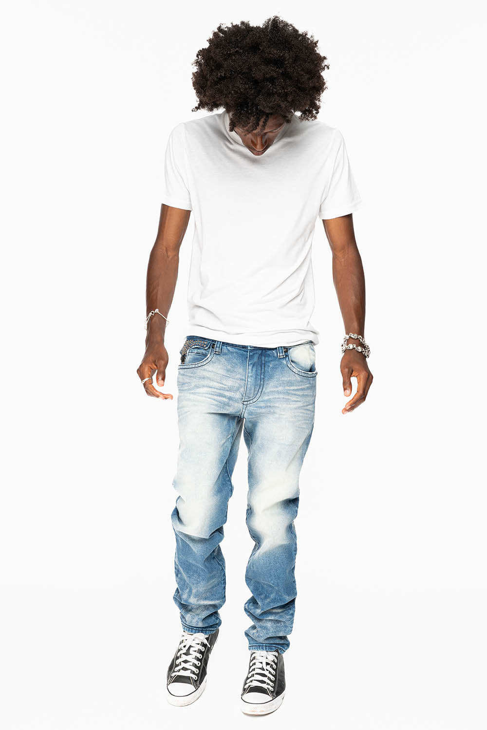 KILLER FLAP MENS SKINNY JEAN IN BLUE OMAHA MEDIUM WASH FULLY EMBELLISHED WITH BLACK DIAMOND CRYSTALS