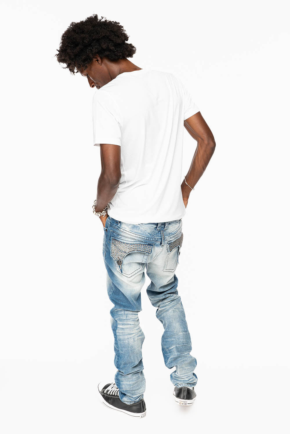 KILLER FLAP MENS SKINNY JEAN IN BLUE OMAHA MEDIUM WASH FULLY EMBELLISHED WITH BLACK DIAMOND CRYSTALS