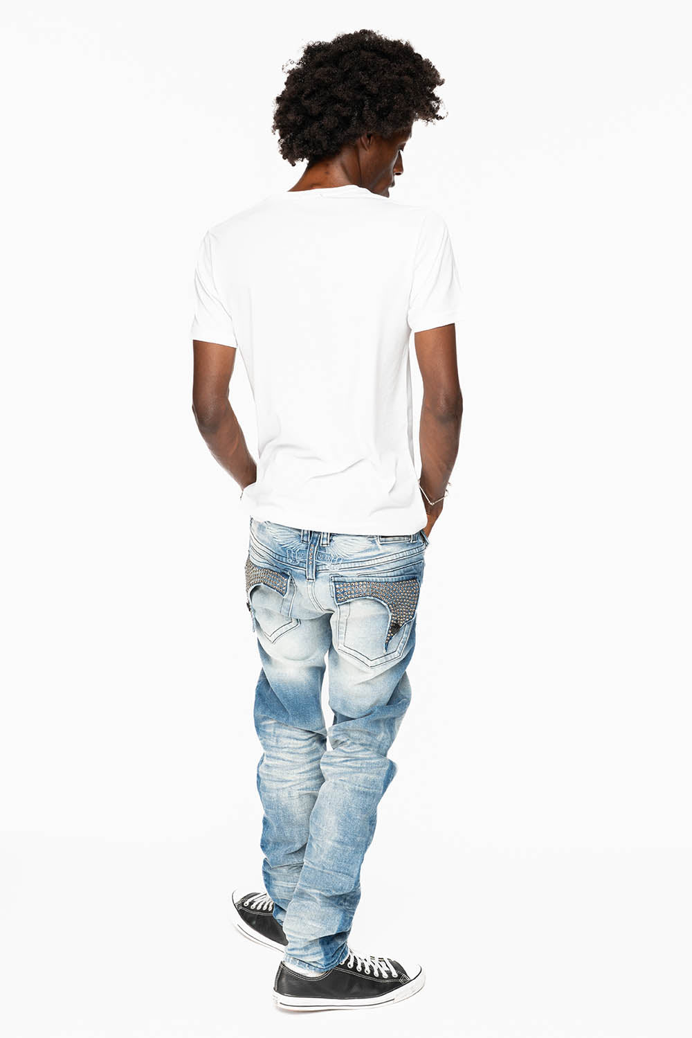 KILLER FLAP MENS SKINNY JEAN IN BLUE OMAHA MEDIUM WASH FULLY EMBELLISHED WITH BLACK DIAMOND CRYSTALS