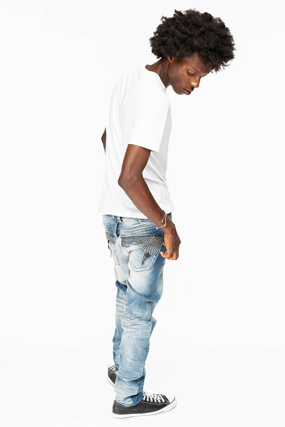 KILLER FLAP MENS SKINNY JEAN IN BLUE OMAHA MEDIUM WASH FULLY EMBELLISHED WITH BLACK DIAMOND CRYSTALS