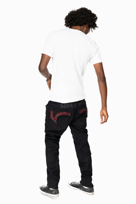 KILLER FLAP MENS SKINNY JEANS IN PURE BLACK  EMBELLISHED WITH RED CRYSTALS