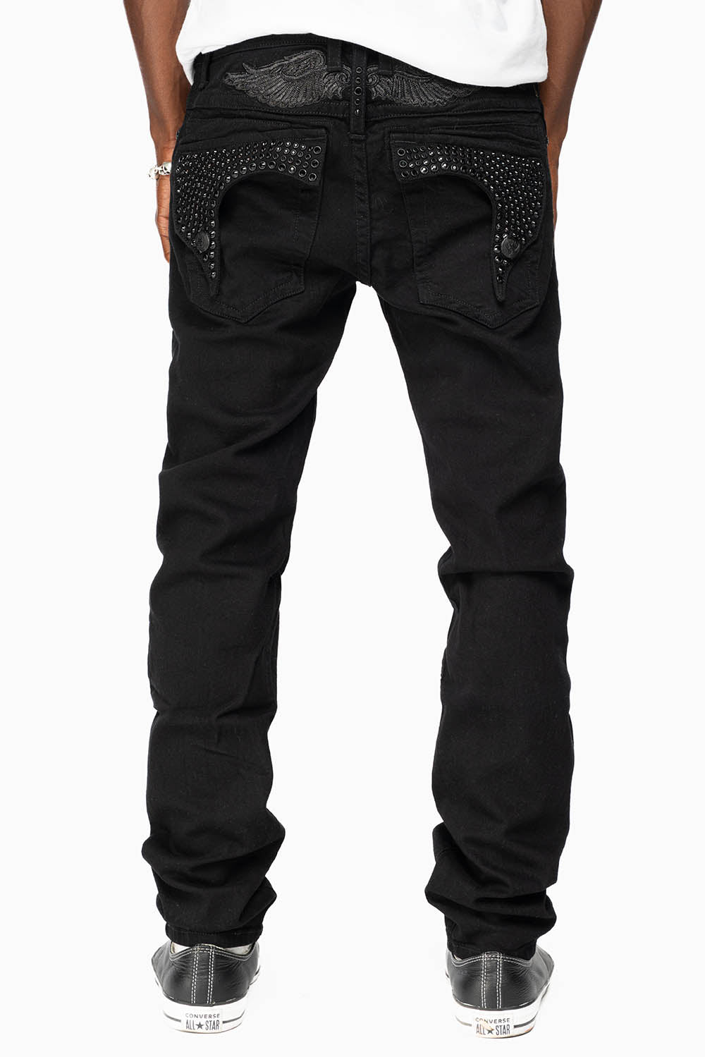 KILLER FLAP MENS SKINNY JEANS IN PURE BLACK WITH BLK WINGS AND FULLY EMBELLISHED JET BLK CRYSTALS