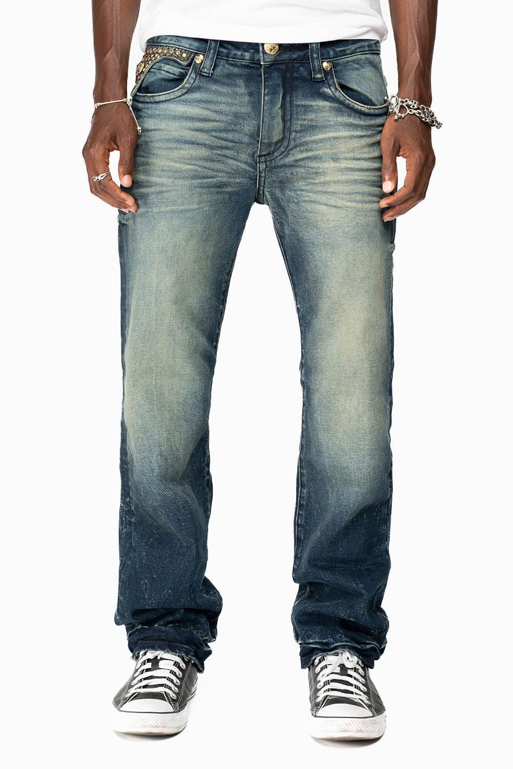 KILLER FLAP MENS STRAIGHT LEG JEAN IN 4D DARK BLUE WASH EMBELLISHED WITH CRYSTALS