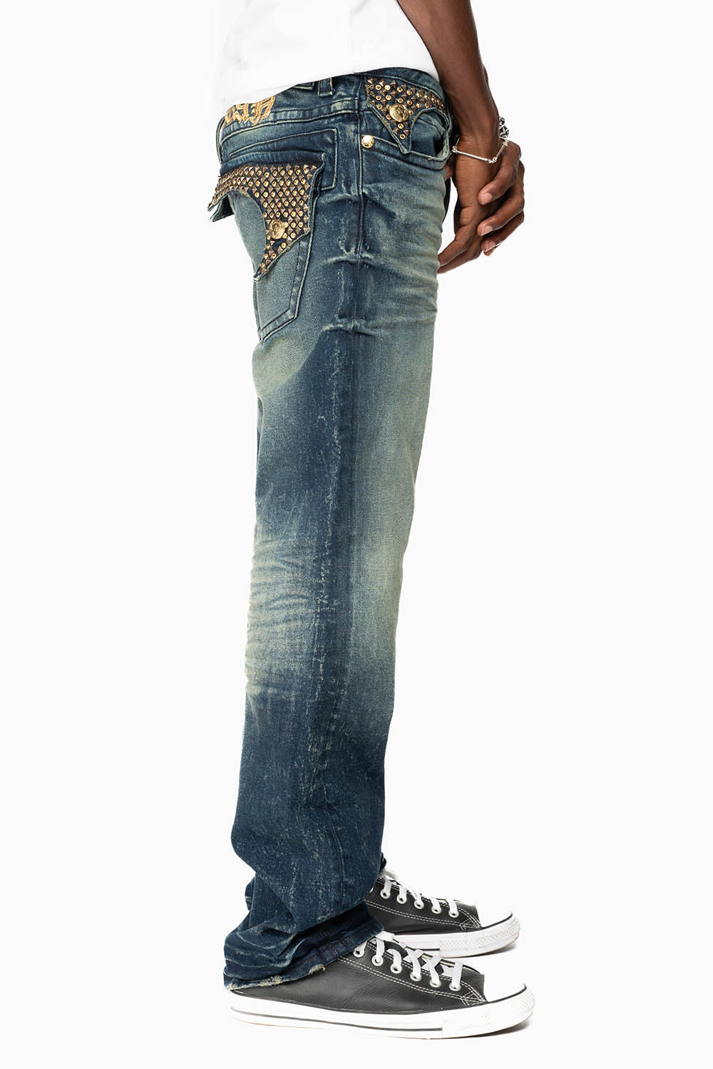 KILLER FLAP MENS STRAIGHT LEG JEAN IN 4D DARK BLUE WASH EMBELLISHED WITH CRYSTALS