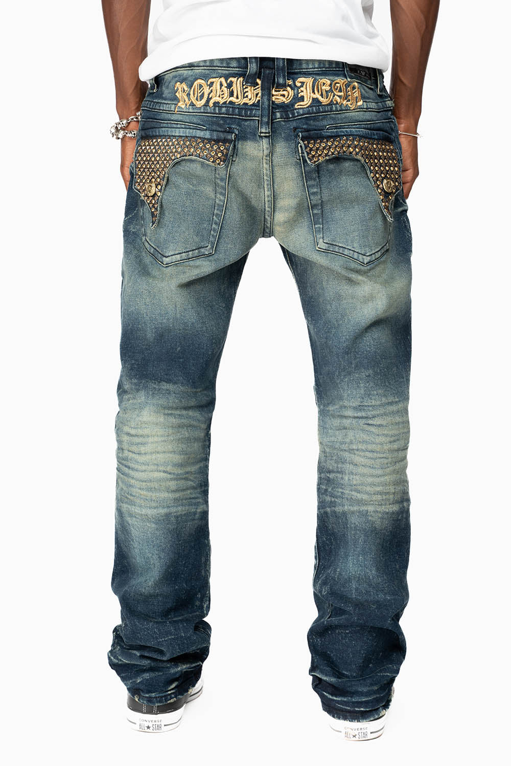 KILLER FLAP MENS STRAIGHT LEG JEAN IN 4D DARK BLUE WASH EMBELLISHED WITH CRYSTALS