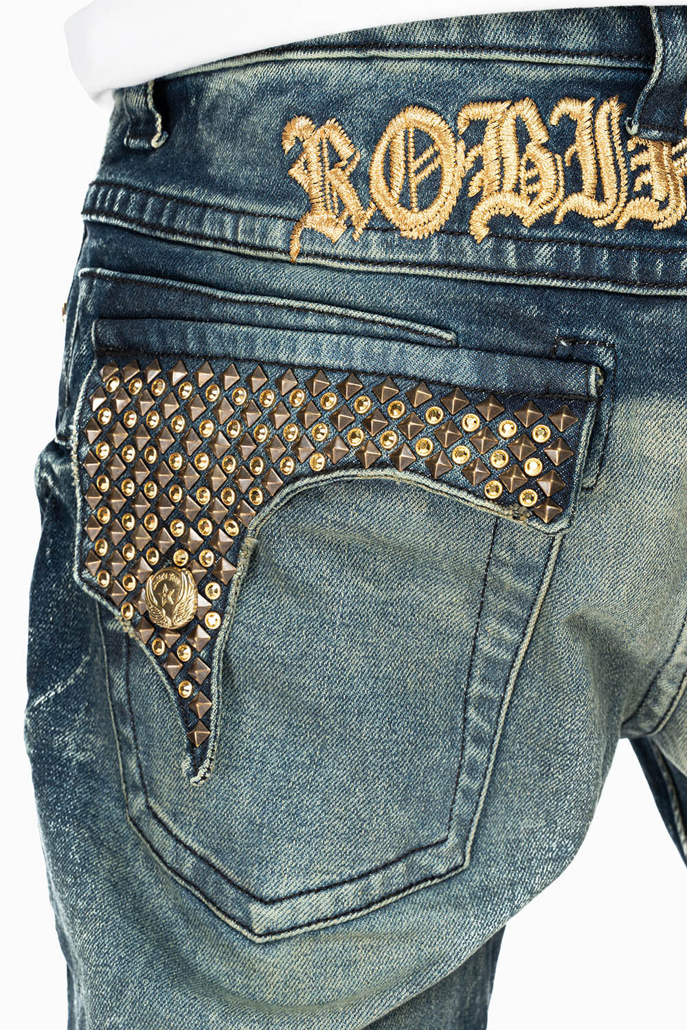 KILLER FLAP MENS STRAIGHT LEG JEAN IN 4D DARK BLUE WASH EMBELLISHED WITH CRYSTALS