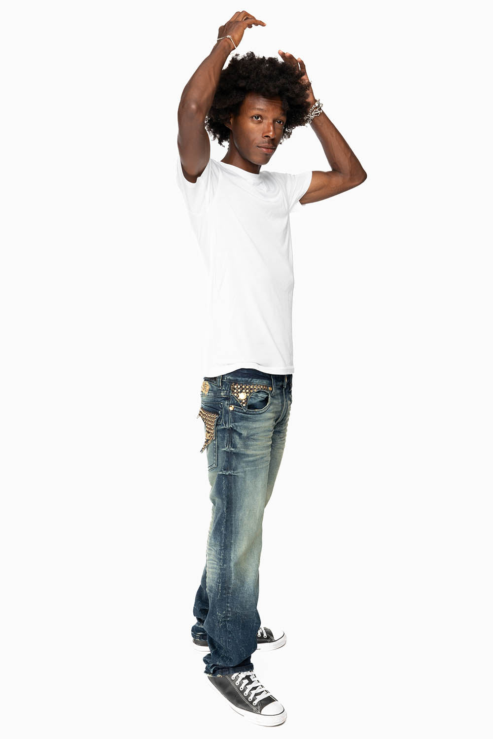KILLER FLAP MENS STRAIGHT LEG JEAN IN 4D DARK BLUE WASH EMBELLISHED WITH CRYSTALS