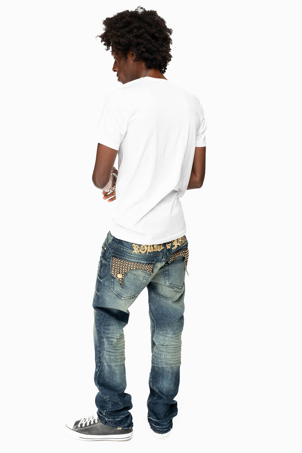 KILLER FLAP MENS STRAIGHT LEG JEAN IN 4D DARK BLUE WASH EMBELLISHED WITH CRYSTALS