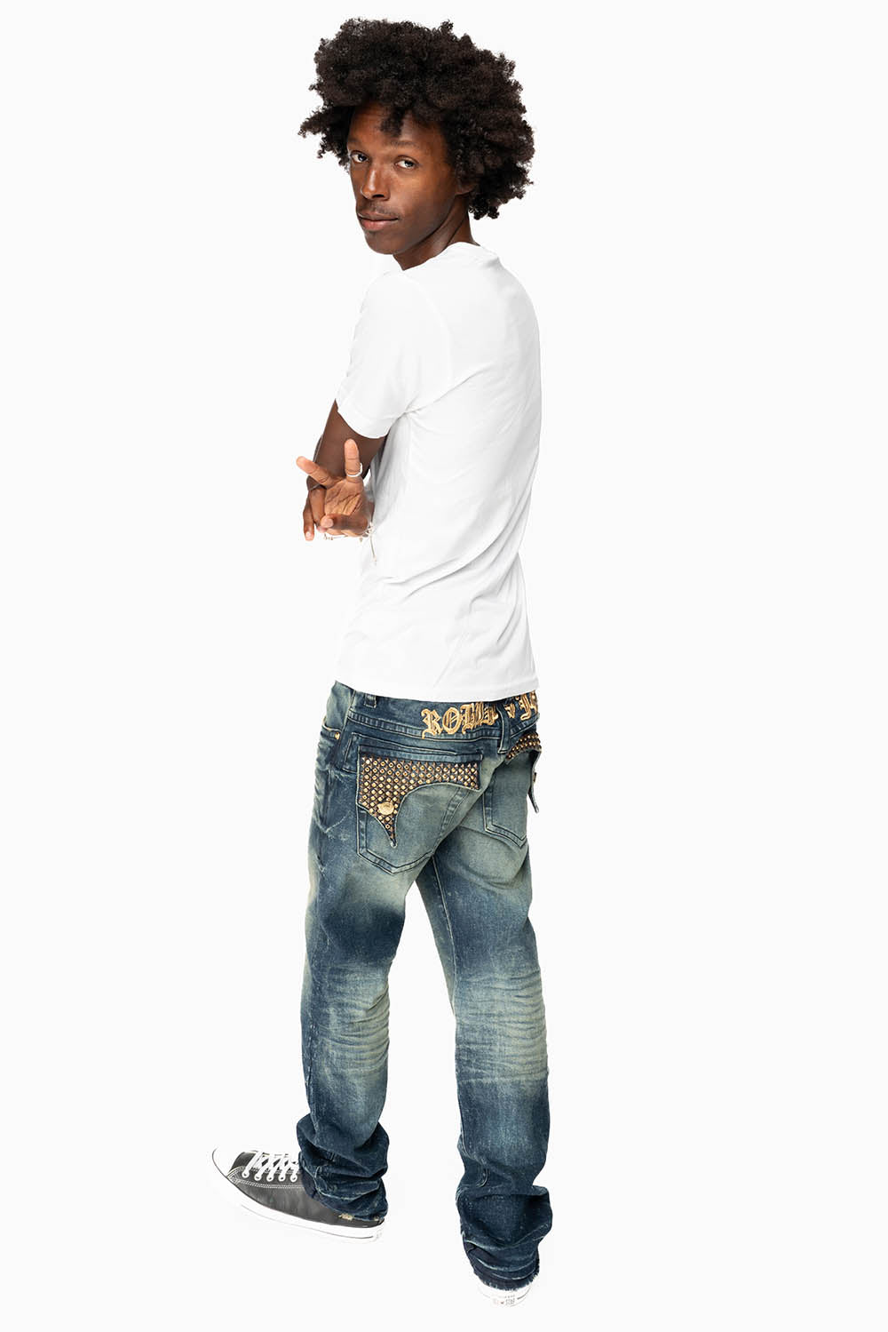 KILLER FLAP MENS STRAIGHT LEG JEAN IN 4D DARK BLUE WASH EMBELLISHED WITH CRYSTALS