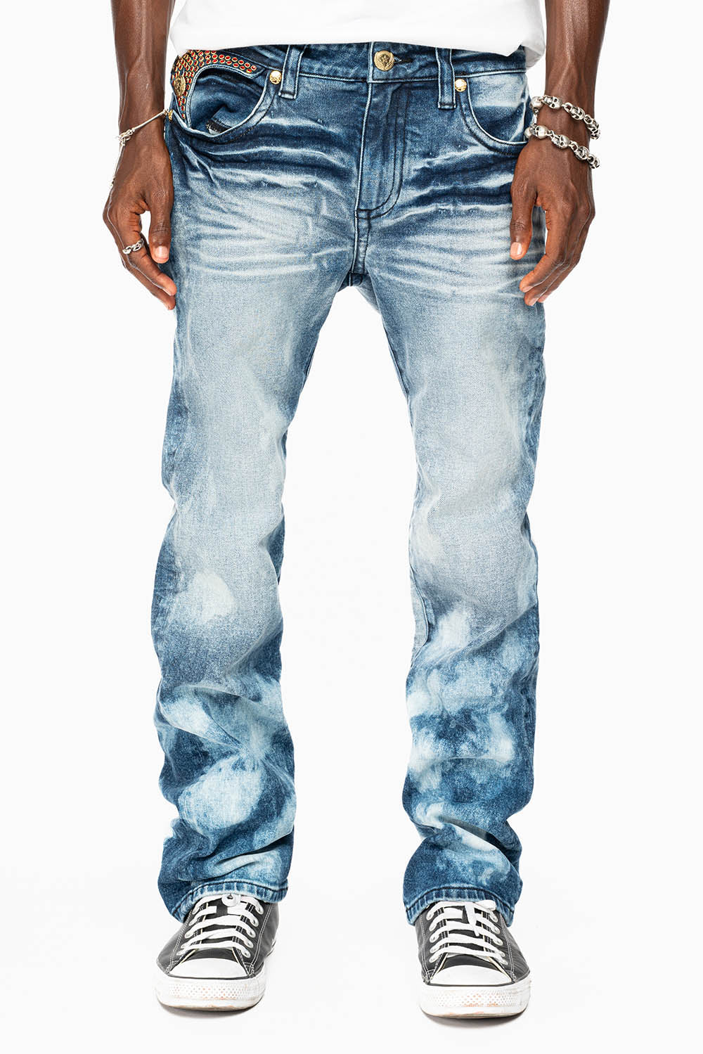 KILLER FLAP MENS STRAIGHT LEG JEAN IN BLUE NEW CLOUD JAPAN WASH FULLY EMBELLISHED WITH RED CRYSTALS