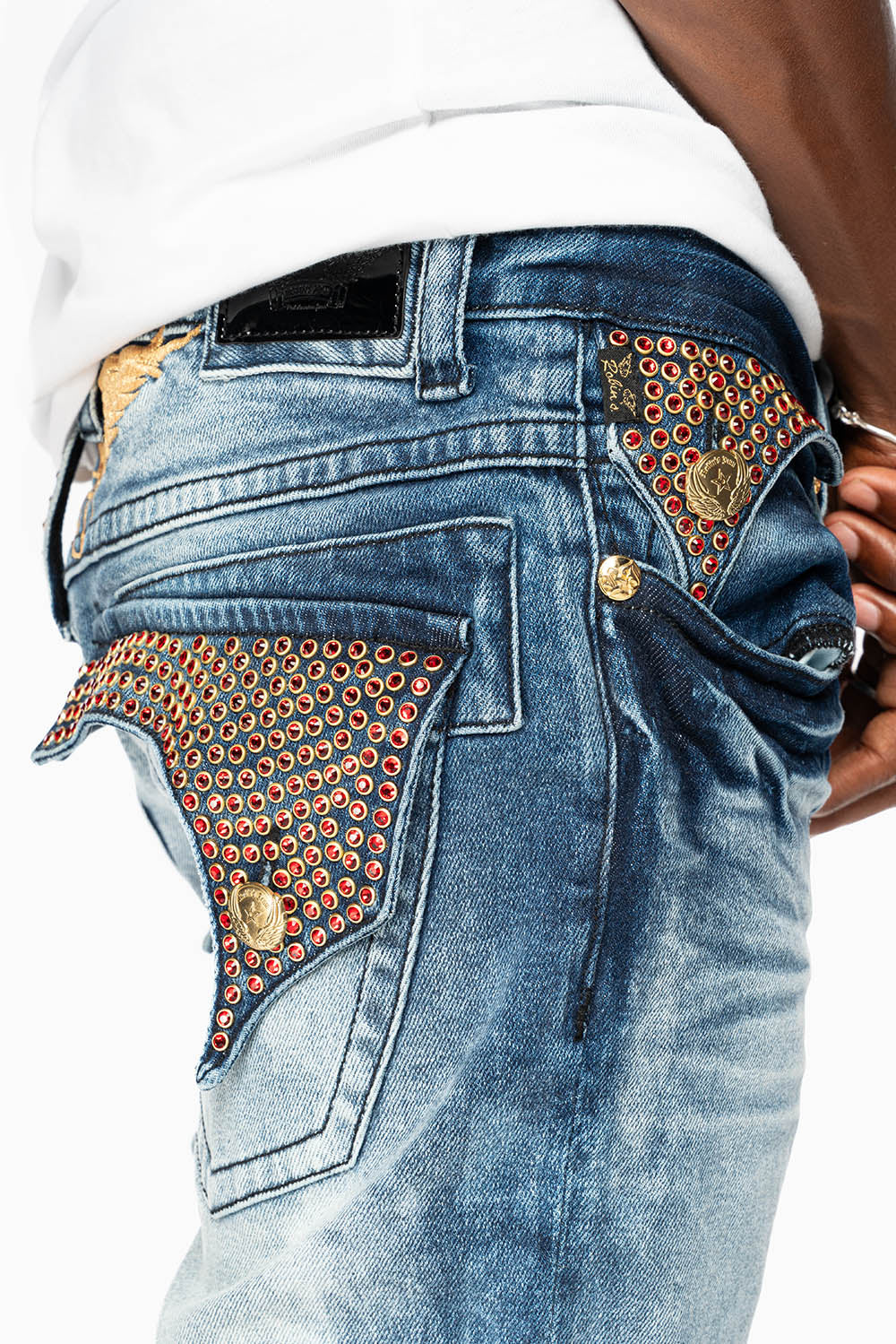 KILLER FLAP MENS STRAIGHT LEG JEAN IN BLUE NEW CLOUD JAPAN WASH FULLY EMBELLISHED WITH RED CRYSTALS