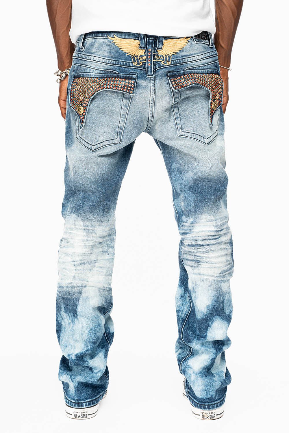 KILLER FLAP MENS STRAIGHT LEG JEAN IN BLUE NEW CLOUD JAPAN WASH FULLY EMBELLISHED WITH RED CRYSTALS