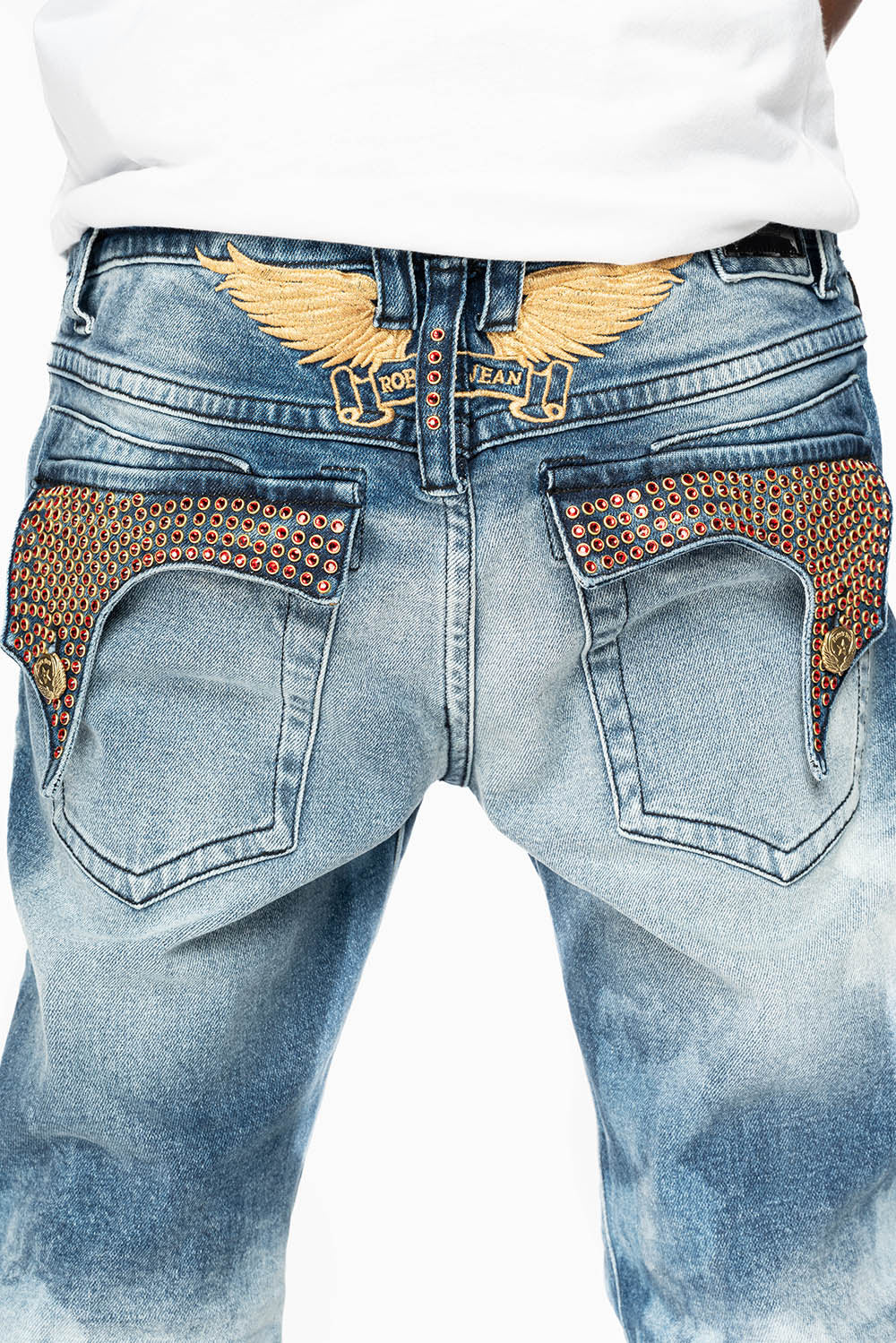 KILLER FLAP MENS STRAIGHT LEG JEAN IN BLUE NEW CLOUD JAPAN WASH FULLY EMBELLISHED WITH RED CRYSTALS