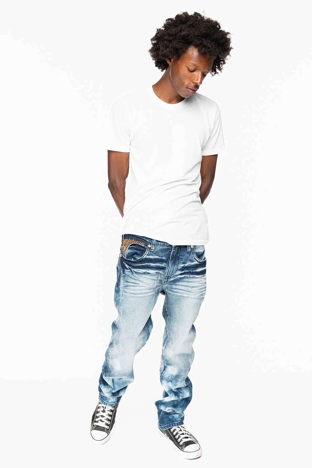 KILLER FLAP MENS STRAIGHT LEG JEAN IN BLUE NEW CLOUD JAPAN WASH FULLY EMBELLISHED WITH RED CRYSTALS