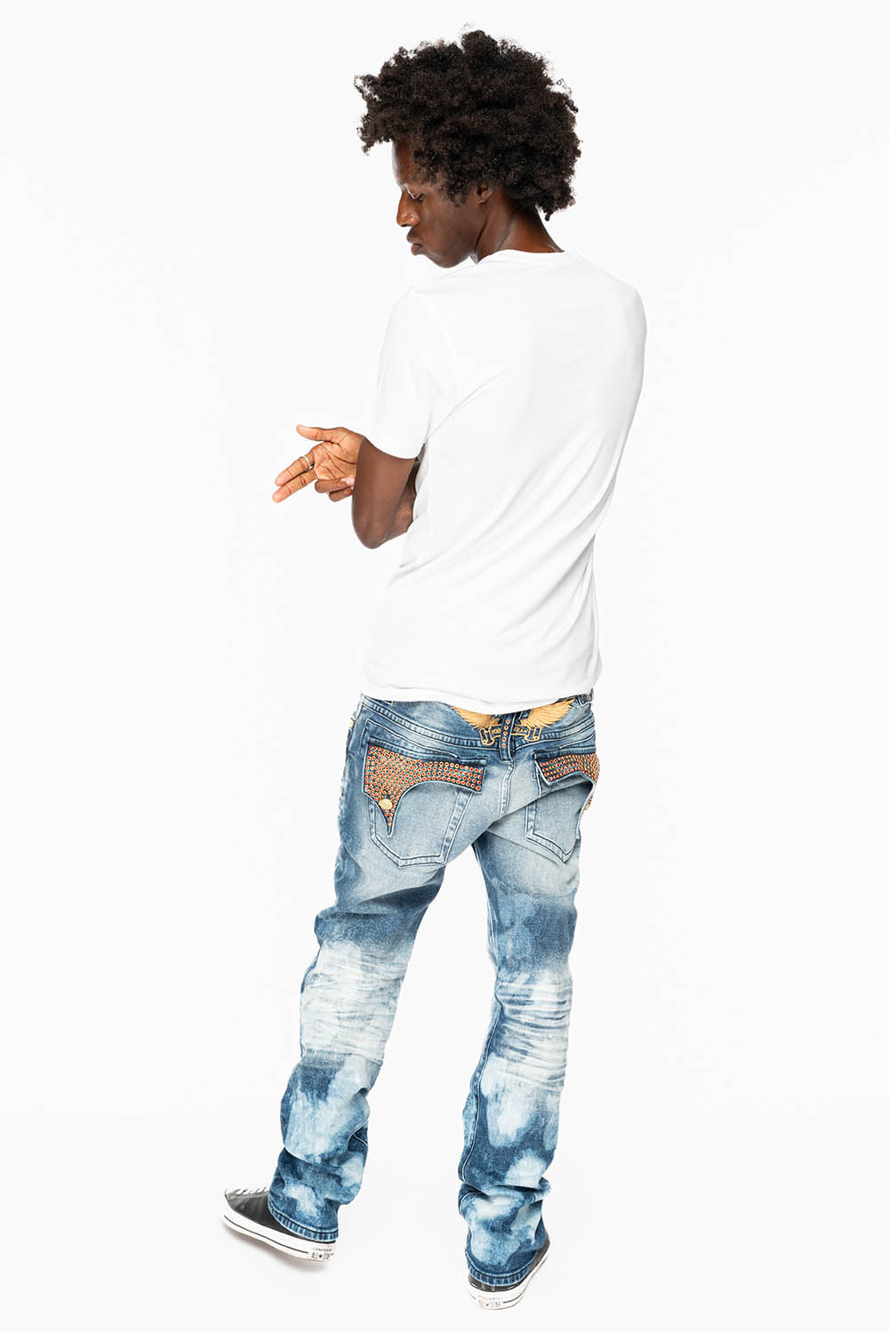 KILLER FLAP MENS STRAIGHT LEG JEAN IN BLUE NEW CLOUD JAPAN WASH FULLY EMBELLISHED WITH RED CRYSTALS