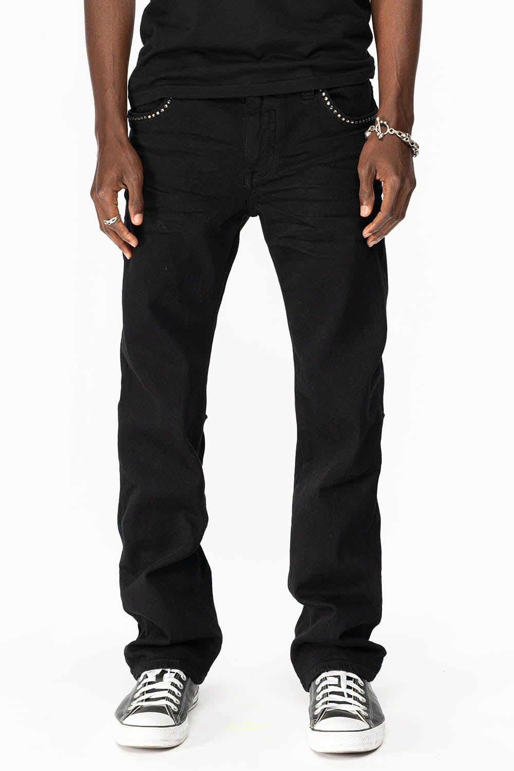 KILLER FLAP MENS STRAIGHT LEG JEAN IN BLACK FULLY EMBELLISHED WITH BLACK DIAMOND CRYSTALS