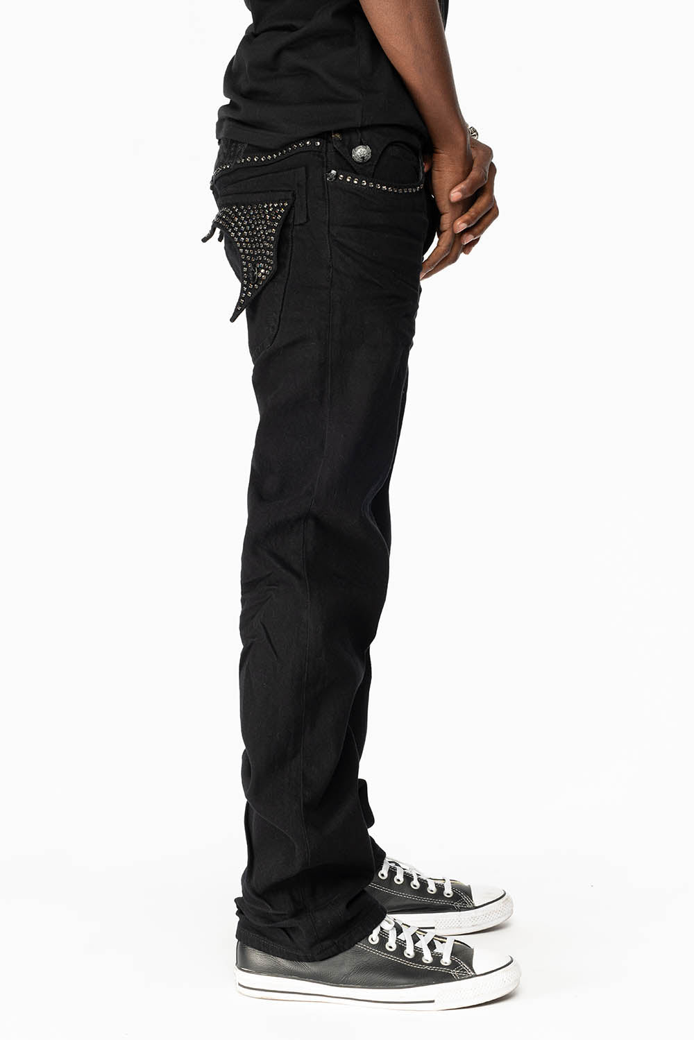 KILLER FLAP MENS STRAIGHT LEG JEAN IN BLACK FULLY EMBELLISHED WITH BLACK DIAMOND CRYSTALS