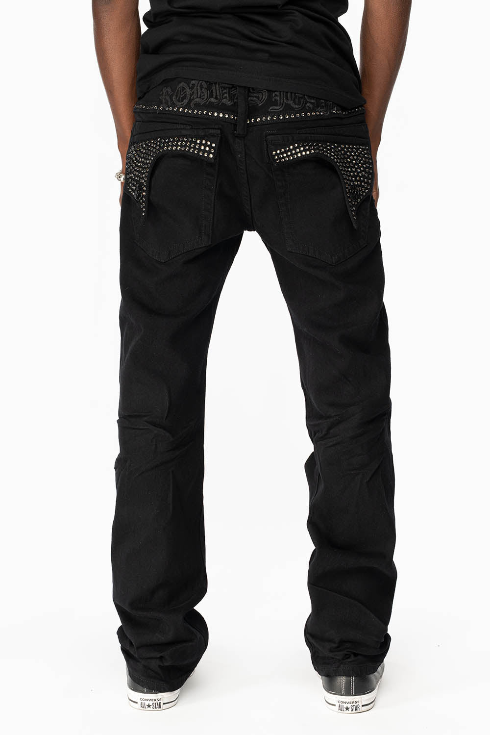 KILLER FLAP MENS STRAIGHT LEG JEAN IN BLACK FULLY EMBELLISHED WITH BLACK DIAMOND CRYSTALS
