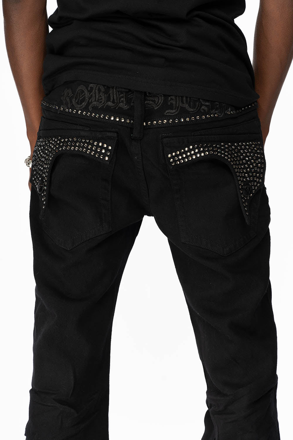 KILLER FLAP MENS STRAIGHT LEG JEAN IN BLACK FULLY EMBELLISHED WITH BLACK DIAMOND CRYSTALS