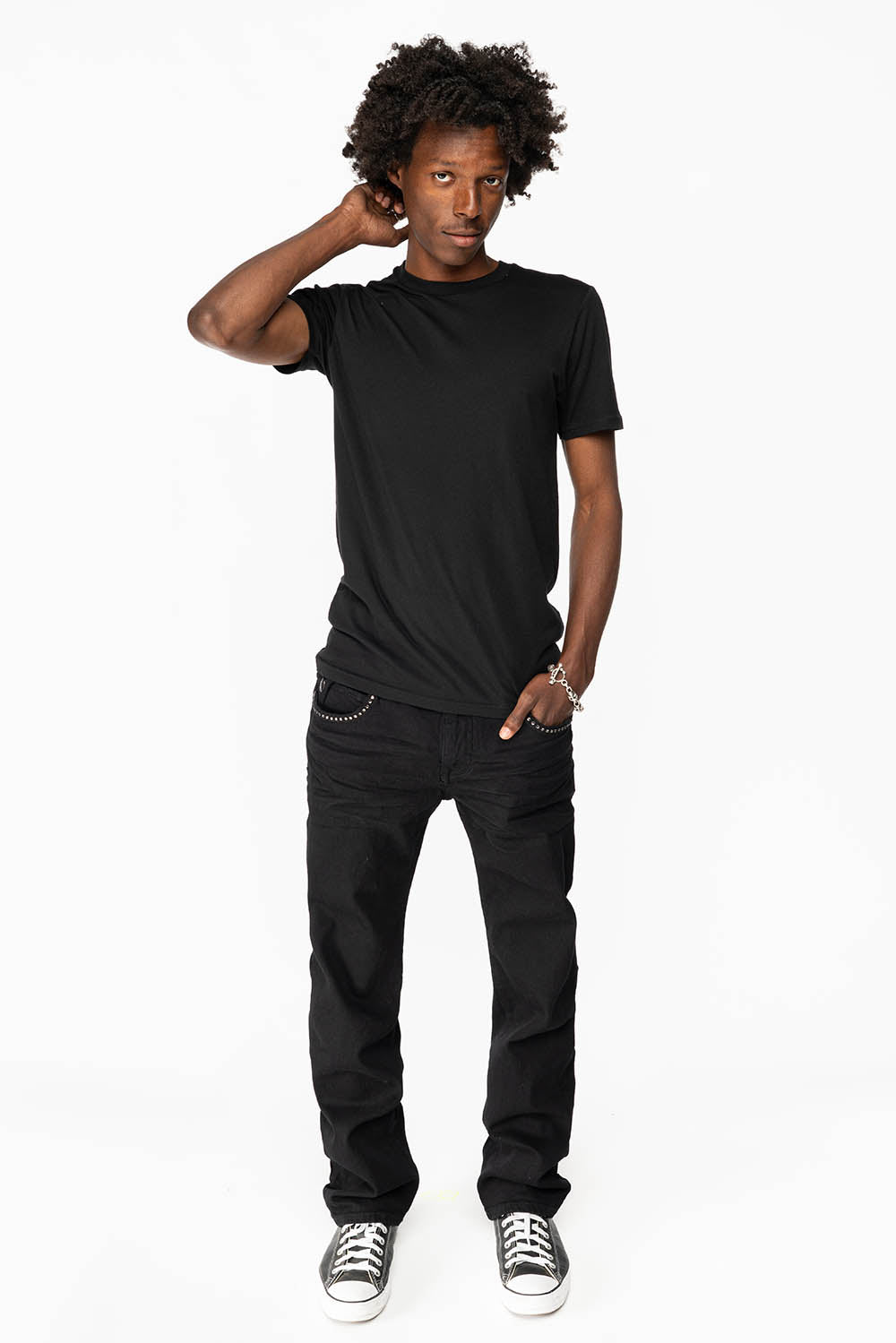 KILLER FLAP MENS STRAIGHT LEG JEAN IN BLACK FULLY EMBELLISHED WITH BLACK DIAMOND CRYSTALS