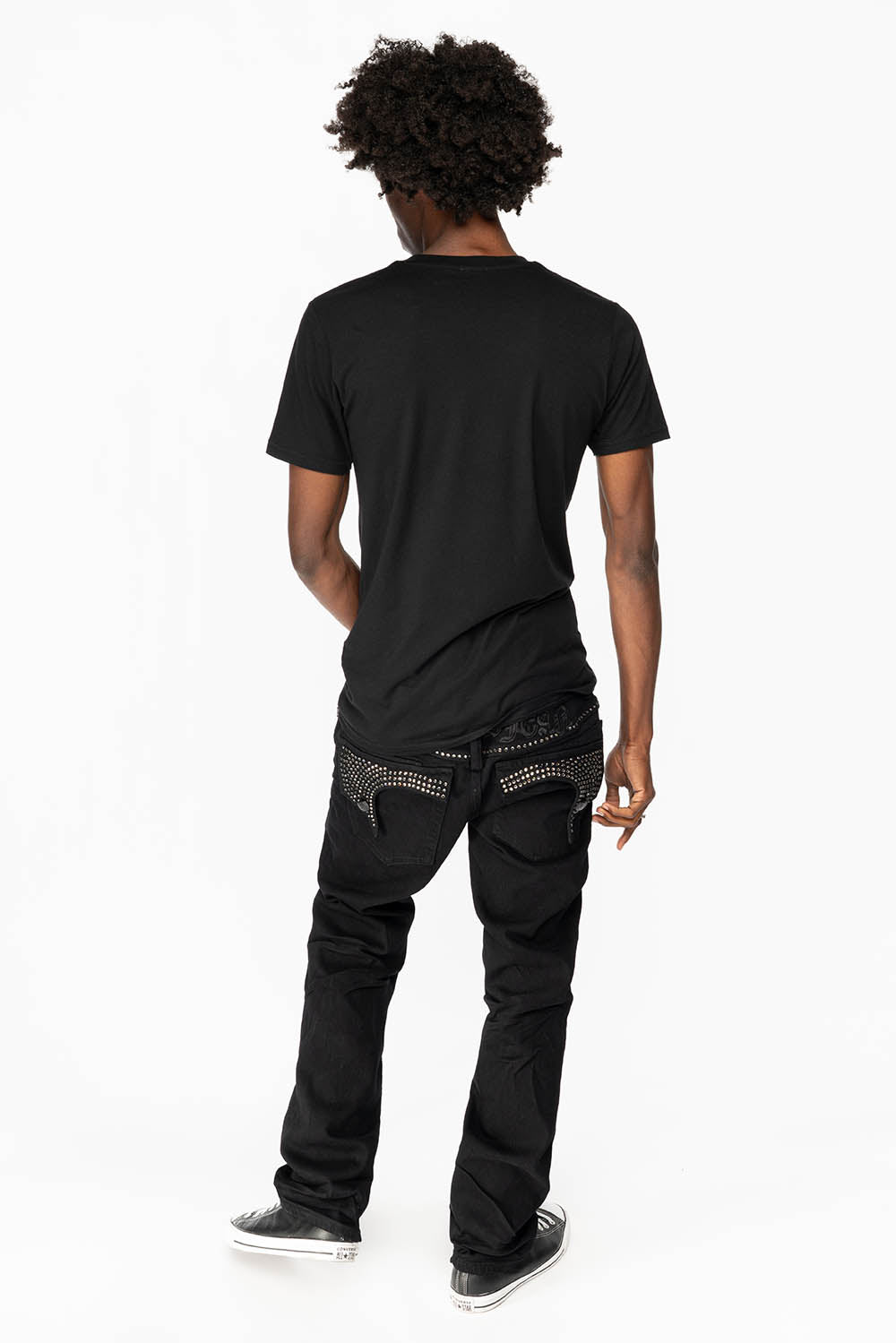 KILLER FLAP MENS STRAIGHT LEG JEAN IN BLACK FULLY EMBELLISHED WITH BLACK DIAMOND CRYSTALS