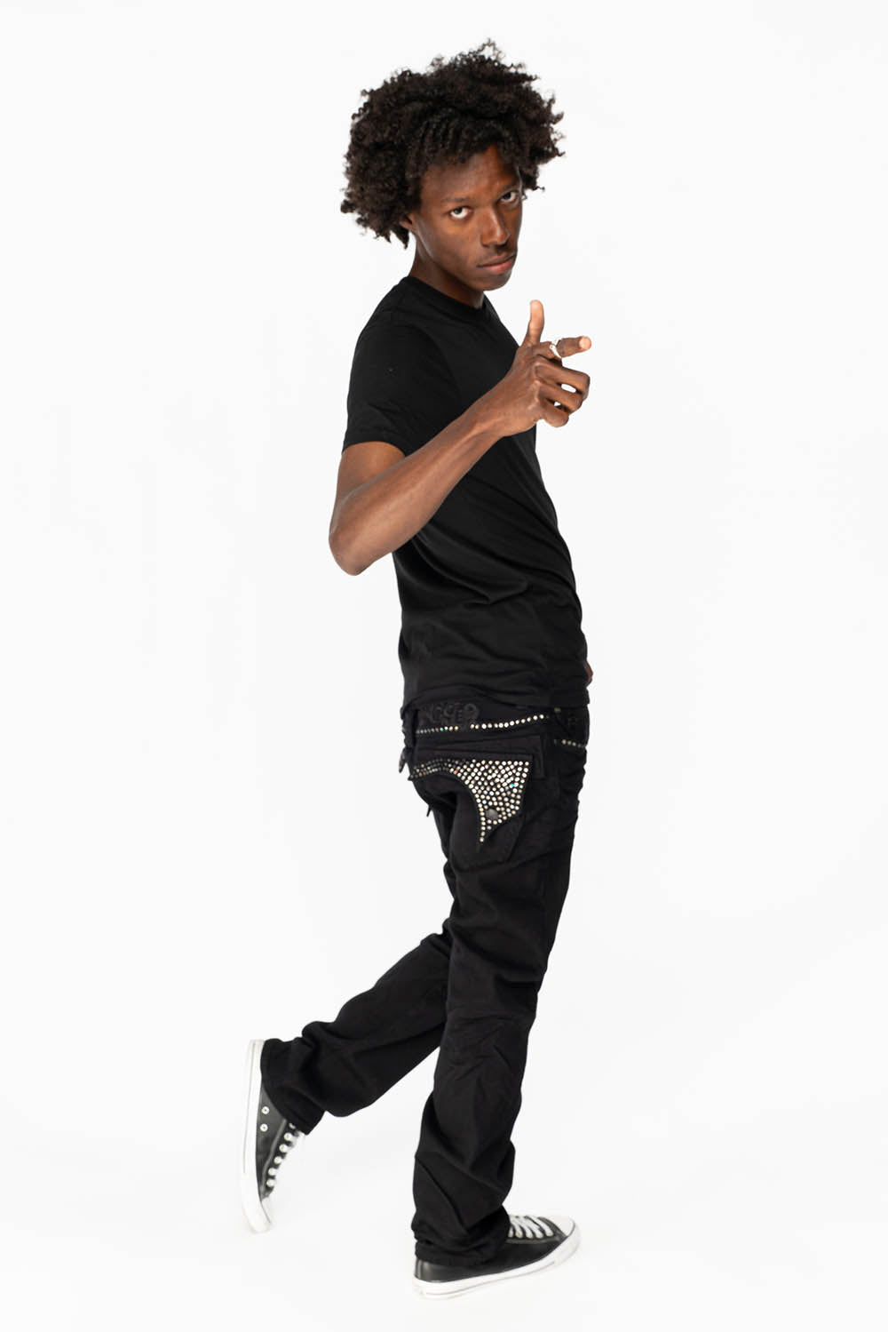 KILLER FLAP MENS STRAIGHT LEG JEAN IN BLACK FULLY EMBELLISHED WITH BLACK DIAMOND CRYSTALS