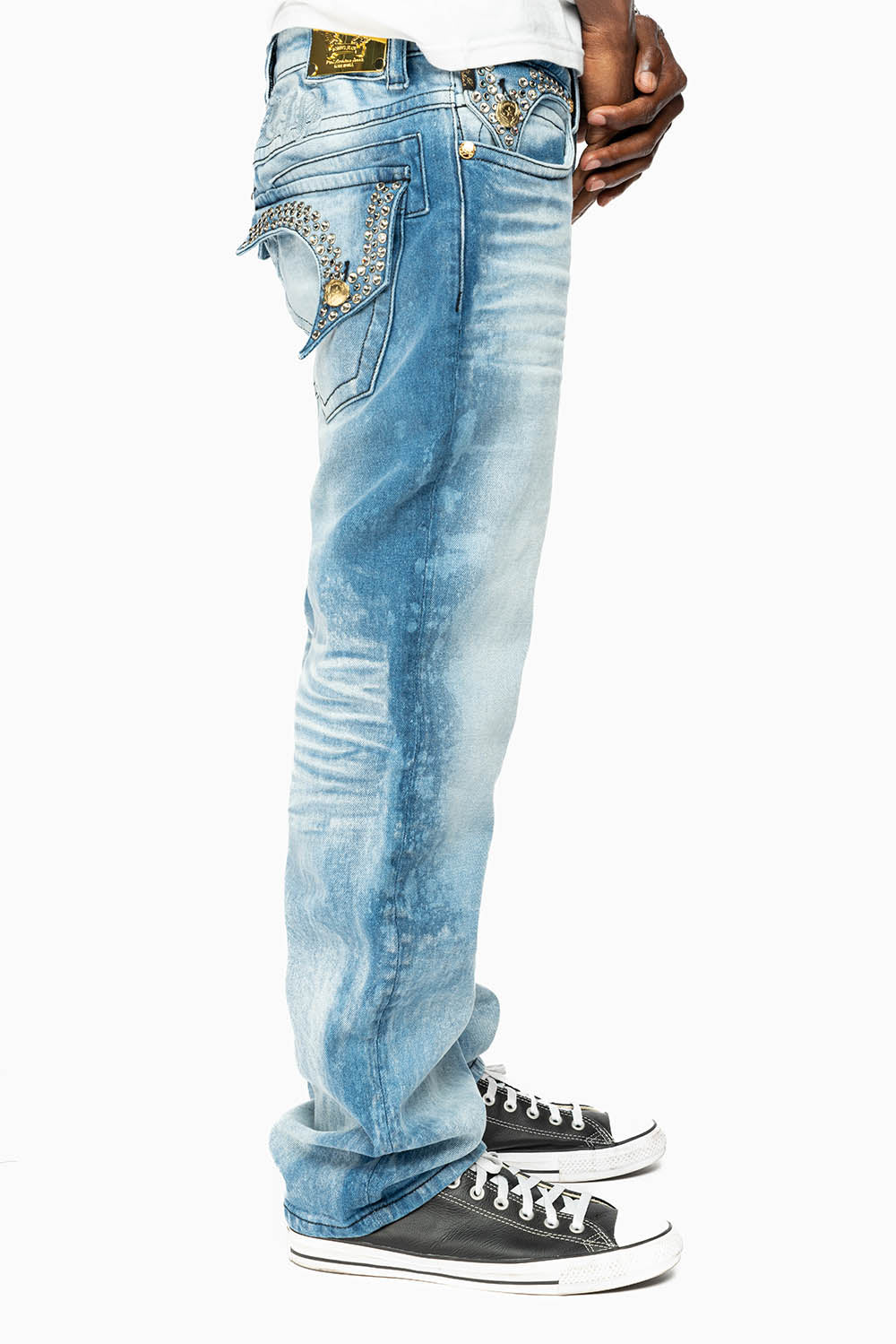 KILLER FLAP MENS STRAIGHT LEG JEAN IN 5D LIGHT BLUE WASH EMBELLISHED WITH CRYSTALS