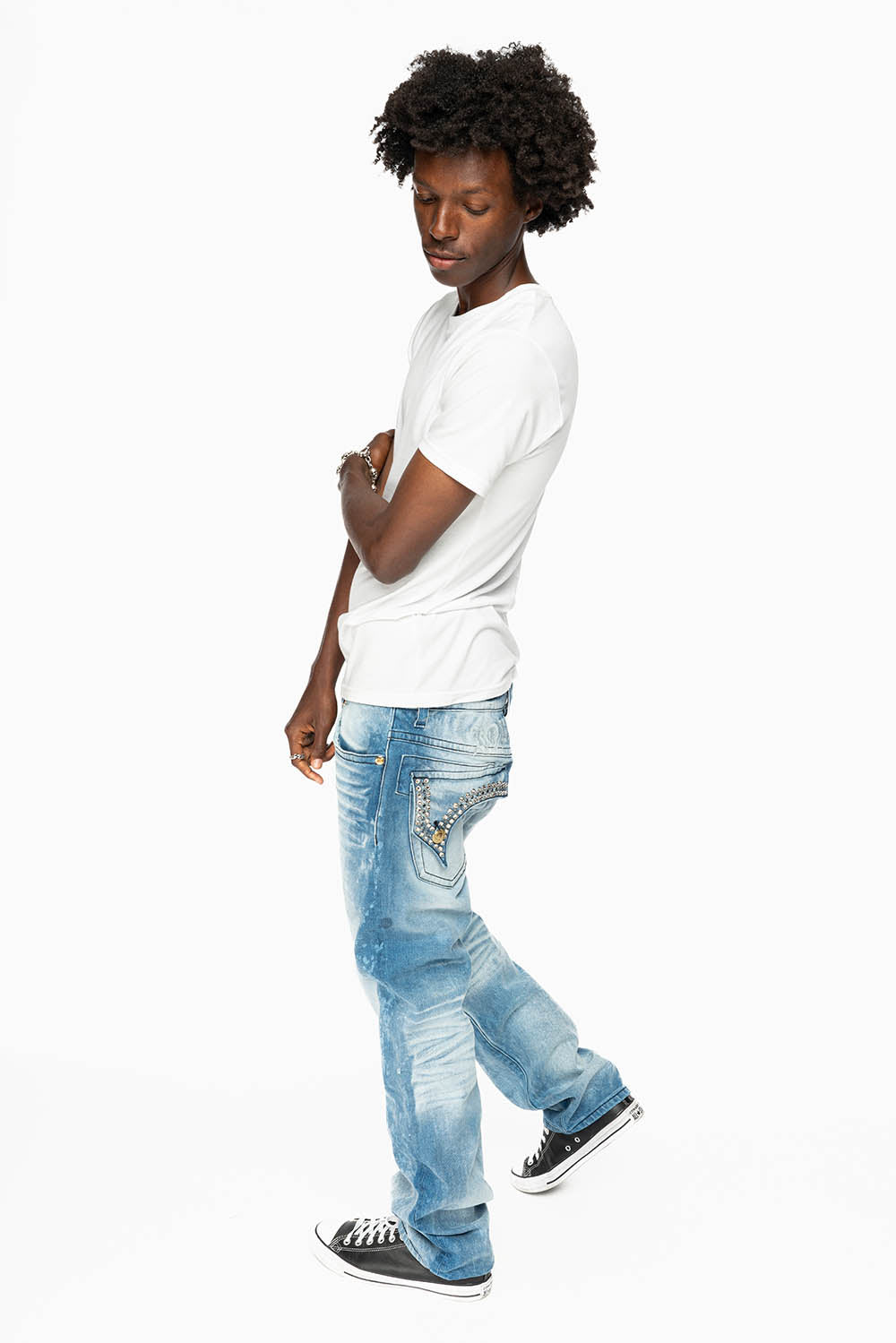 KILLER FLAP MENS STRAIGHT LEG JEAN IN 5D LIGHT BLUE WASH EMBELLISHED WITH CRYSTALS