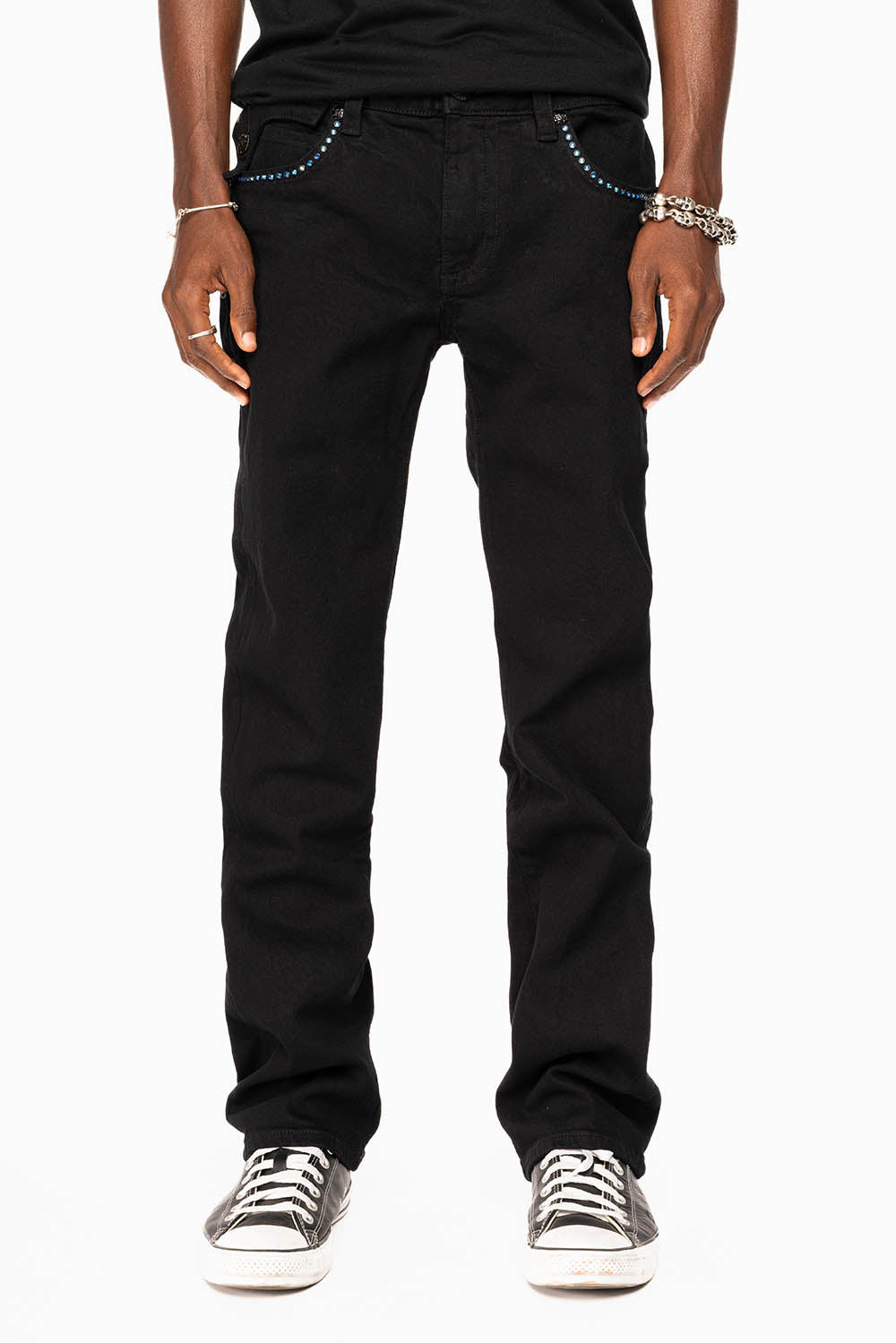 KILLER FLAP STRAIGHT JEANS IN PURE BLACK WASH WITH BLUE CRYSTALS