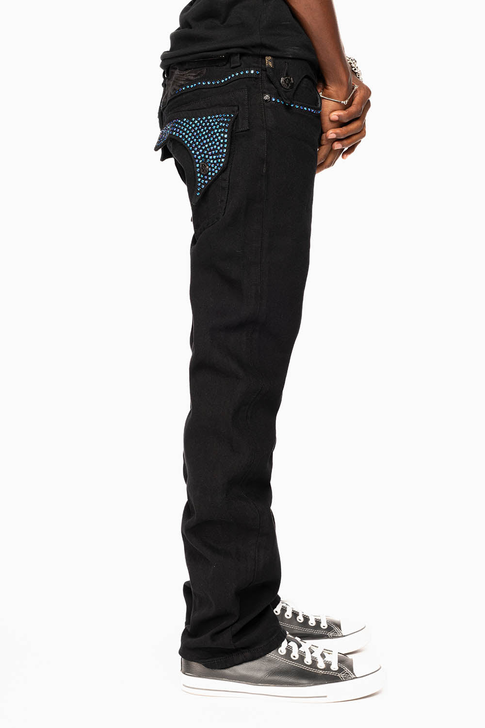 KILLER FLAP STRAIGHT JEANS IN PURE BLACK WASH WITH BLUE CRYSTALS