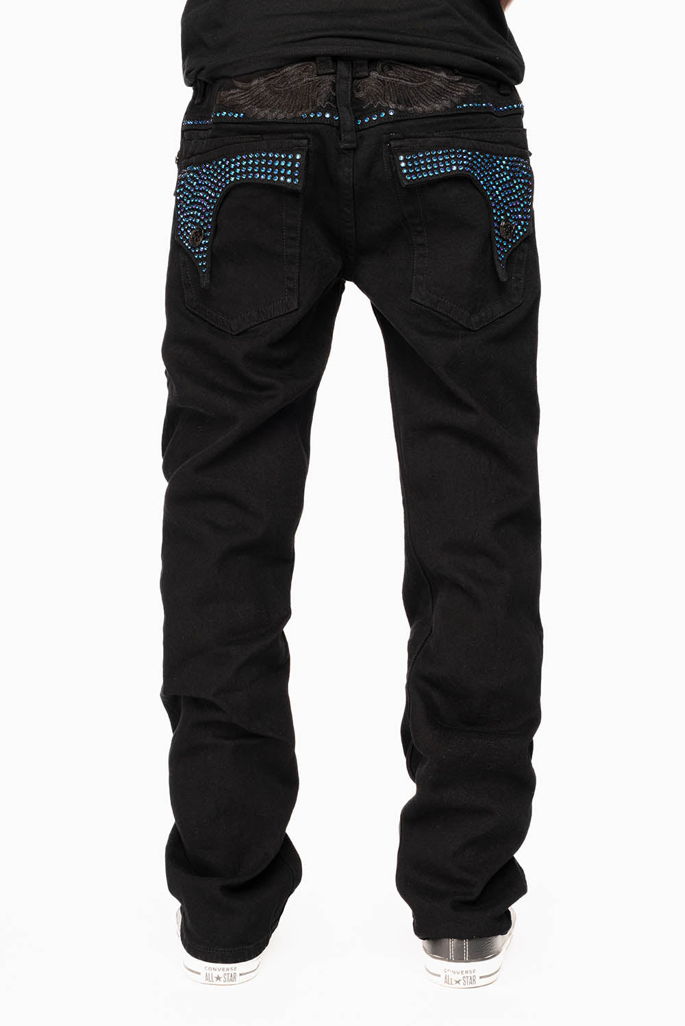 KILLER FLAP STRAIGHT JEANS IN PURE BLACK WASH WITH BLUE CRYSTALS