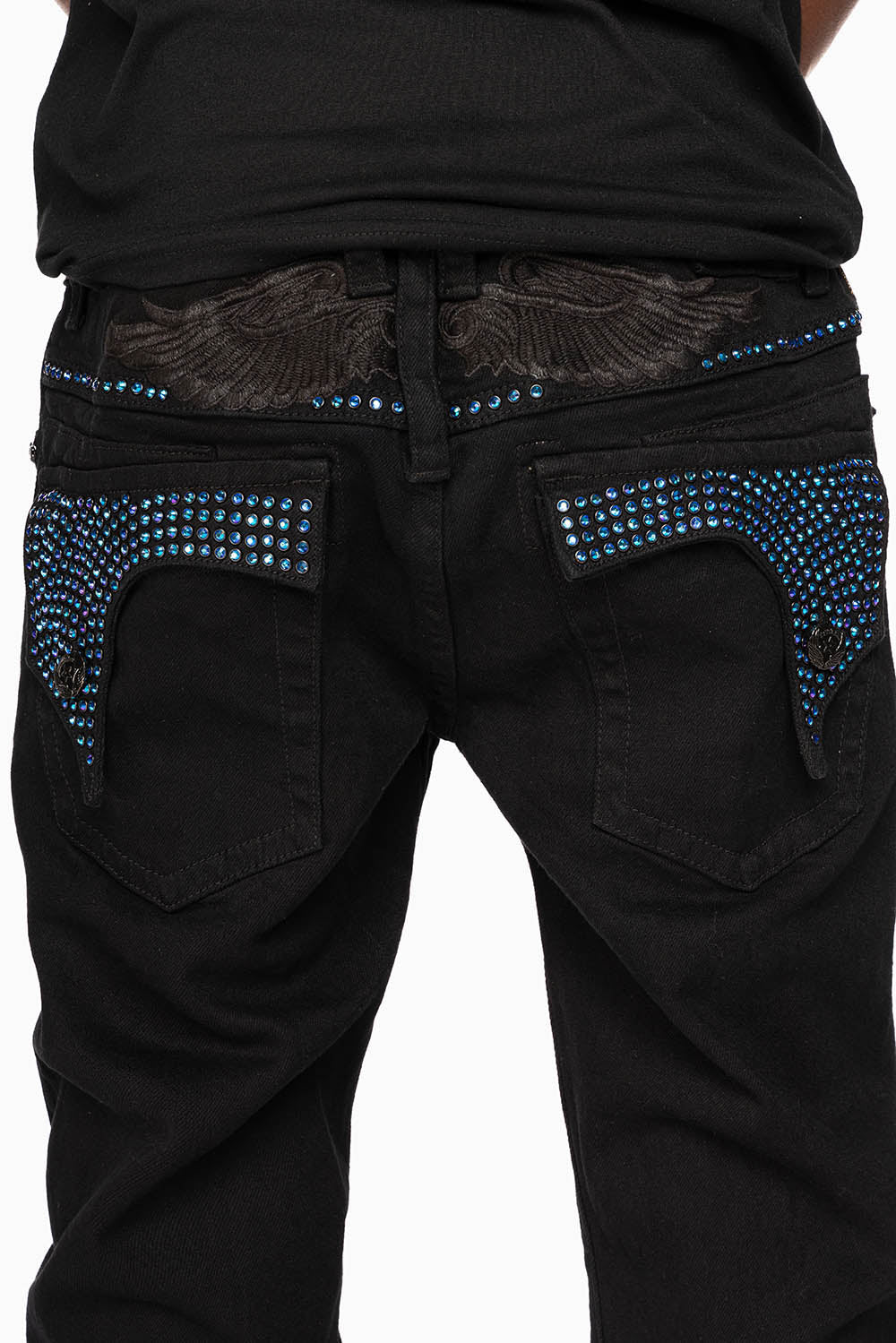 KILLER FLAP STRAIGHT JEANS IN PURE BLACK WASH WITH BLUE CRYSTALS